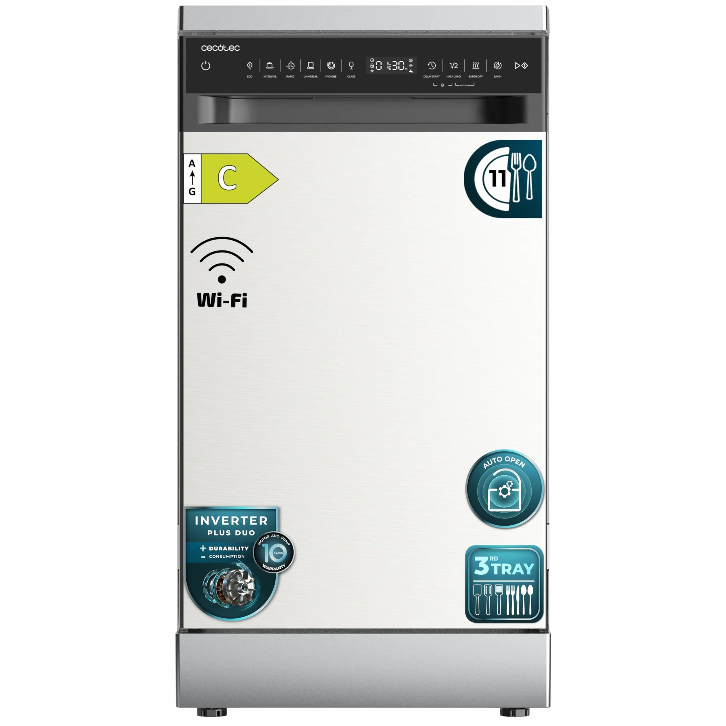 Cecotec Lavavajillas 45 cm Libre Instalación Bolero Aguazero 4560 Inox Connected 11 Cubiertos 9 Programas Motor Inverter Plus Duo Panel Touch WIFI