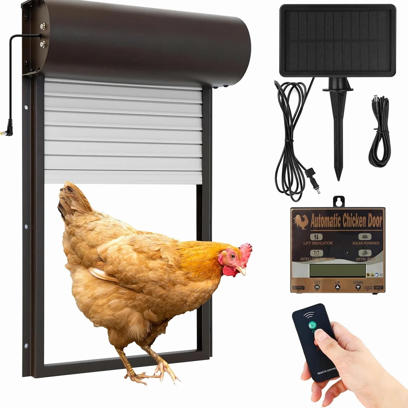 Batería automática de gallina, Puerta de Pollo eléctrica automática | con temporizador, panel solar, mando a distancia, manual, protección inteligente contra pellizcos