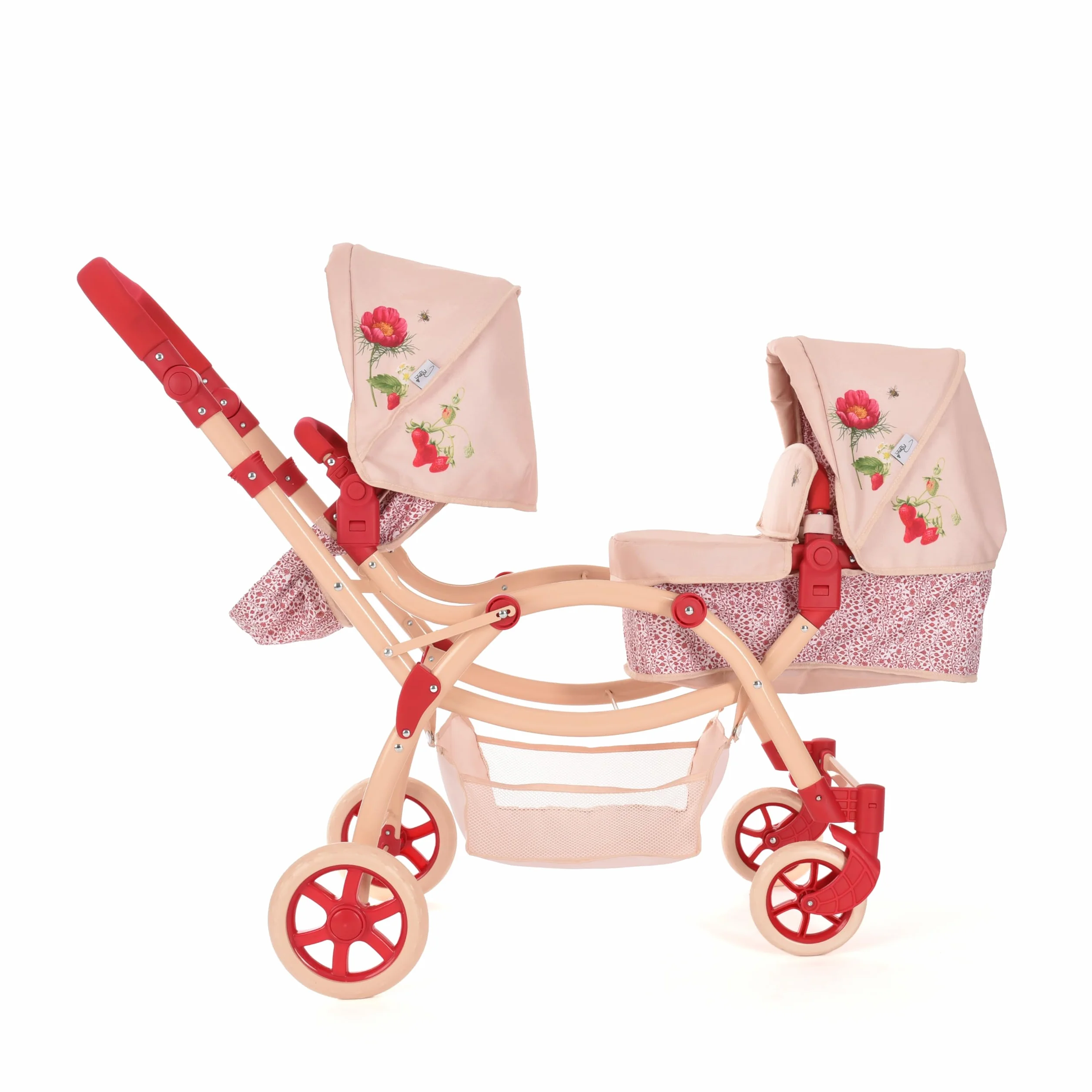 Cochecito para Muñecas Gemelas Roma RHS Flora, Silla de Paseo Doble, Color Crema y Rojo Baya, Manillar Ajustable 69-84 cm