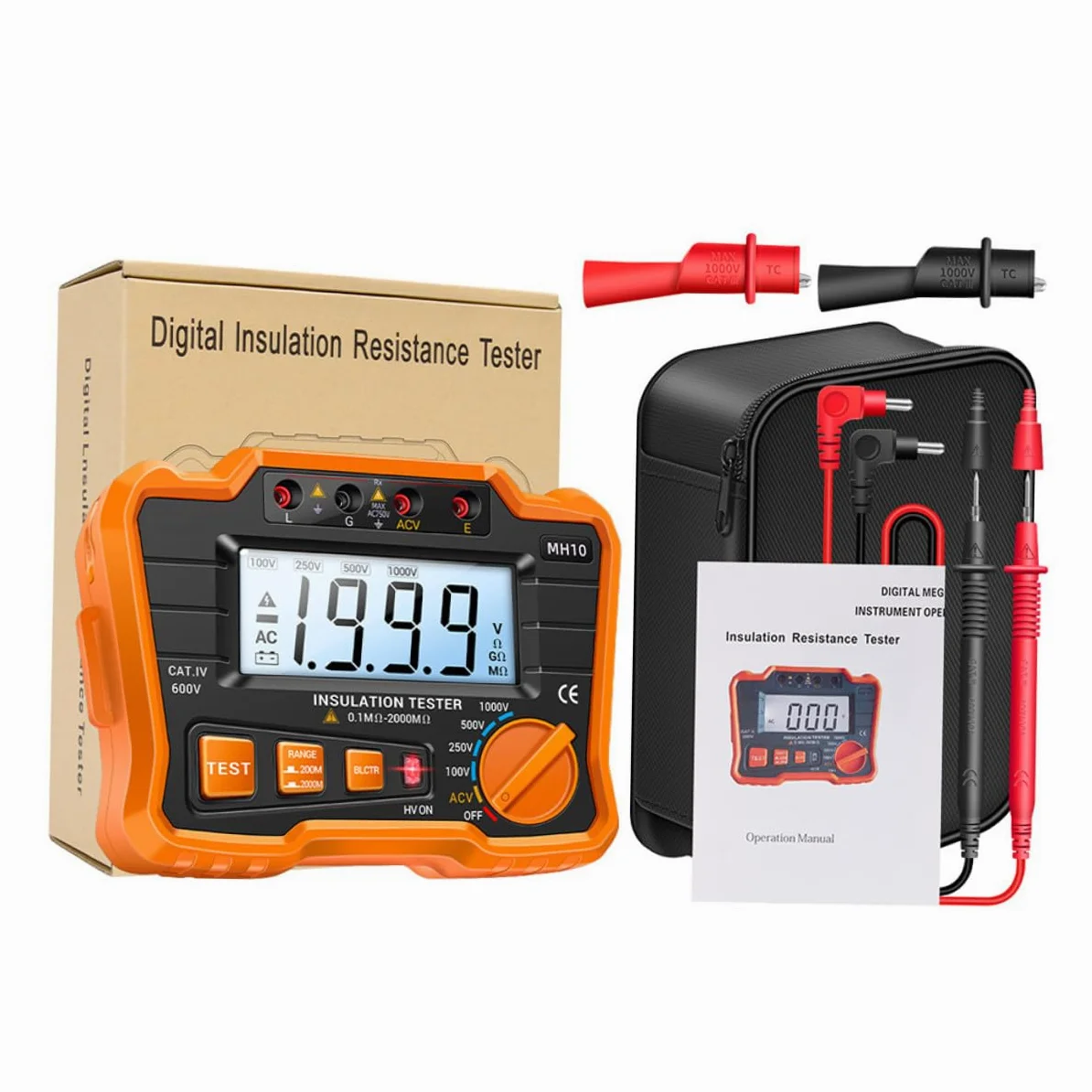 Megóhmetro Medidor Electrónico Industrial Mh10 de Resistencia de Aislamiento Digital Retroiluminación Lcd Naranja para Pruebas Eléctricas y Mantenimiento Profesional