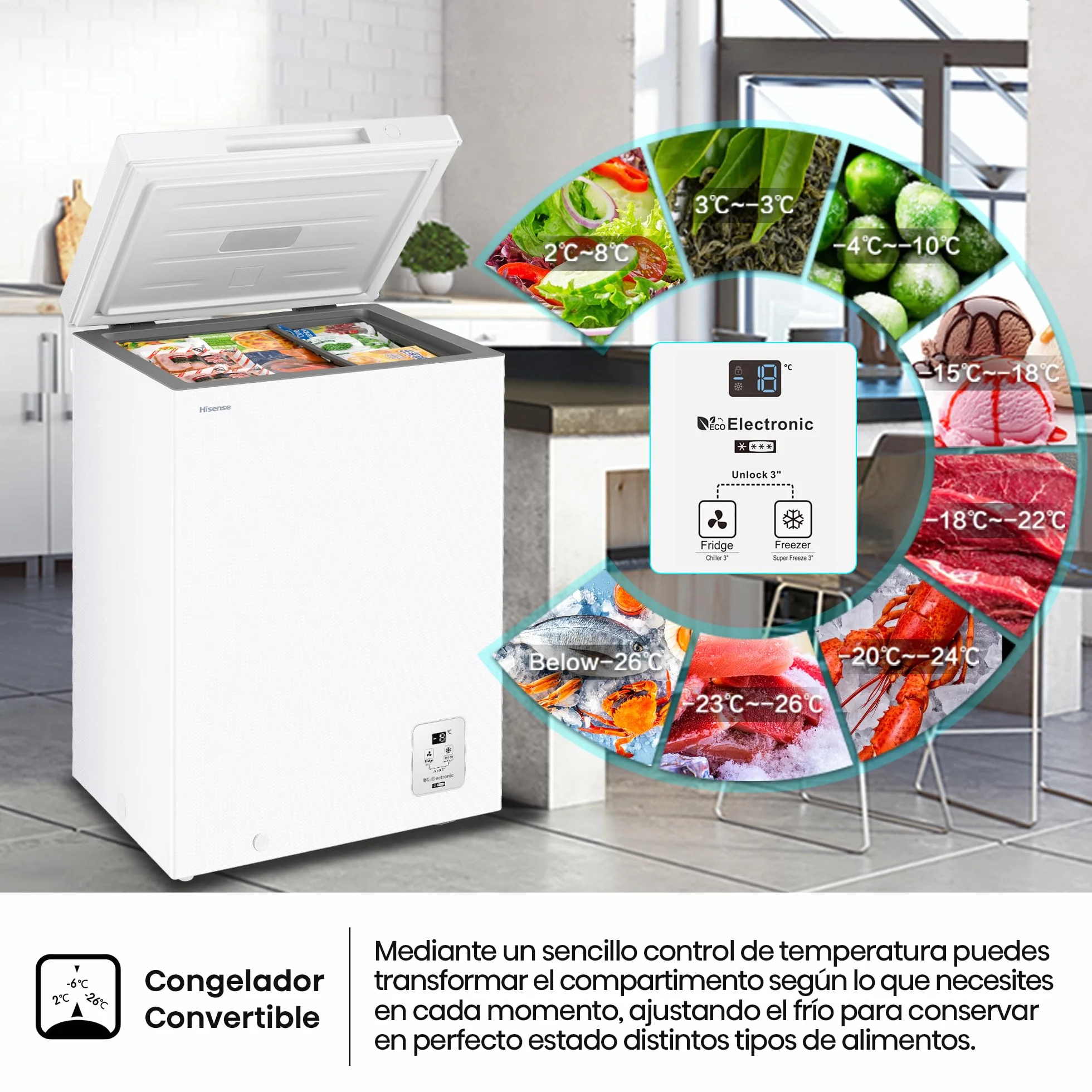 Hisense Arcón Congelador Horizontal 97L 86cm Congelación 360° Congelador Convertible Control Electrónico de Temperatura Freezer Protect Blanco