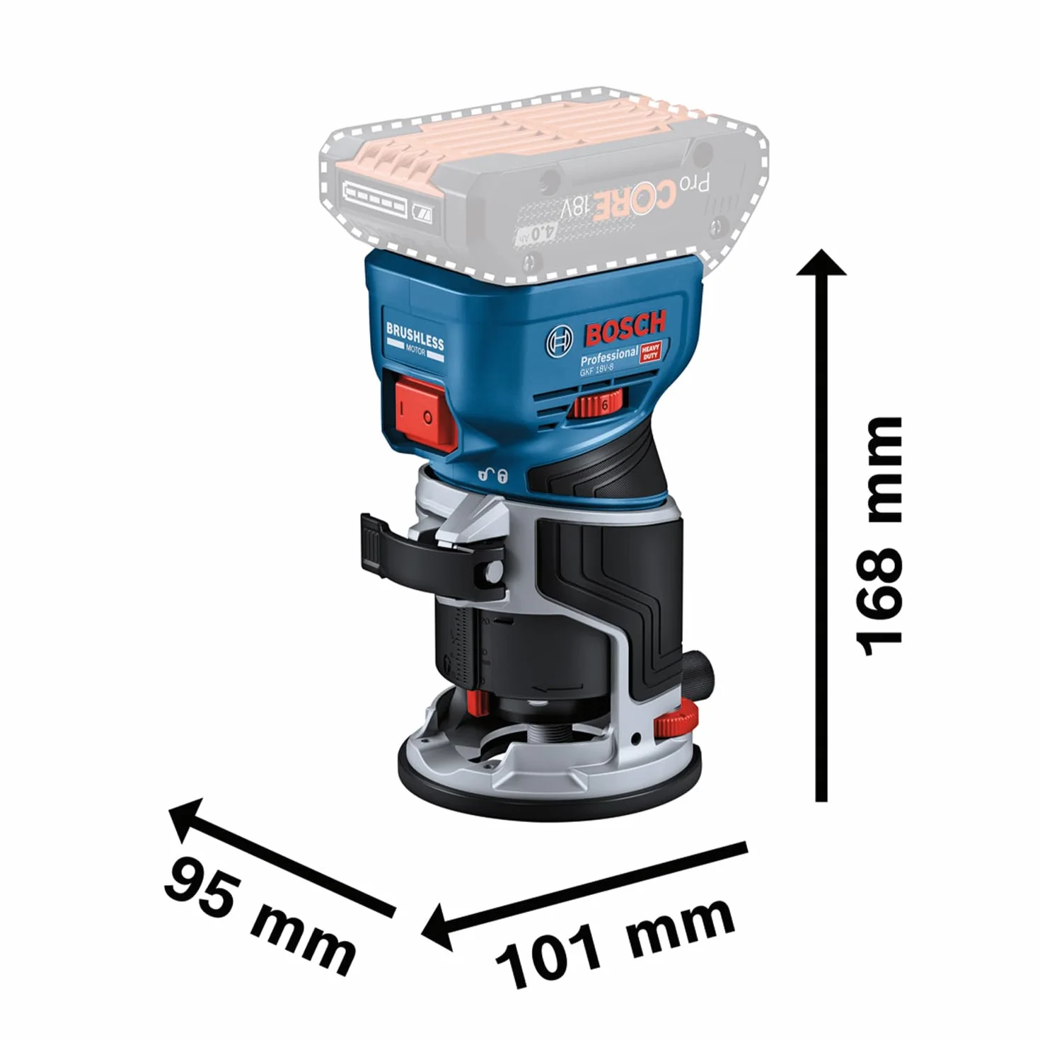 Bosch Professional 18V System fresadora corte batería GFK 18V-8 (incl. guía paralela, 2 adaptadores aspirador fresado, protección virutas, pinza sujeción 8 mm, llave, L-BOXX, sin batería/cargador)