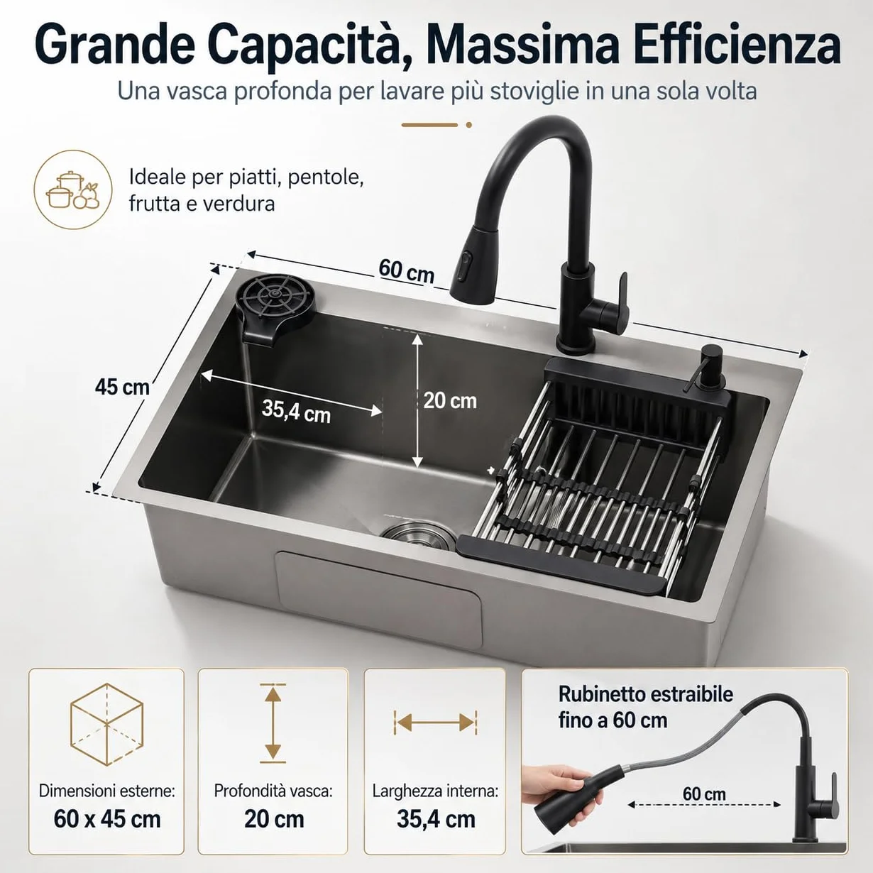 Fregadero de acero inoxidable 1 bandeja – 60 x 45 cm comerciales Fregadero de cocina empotrable nano-revestimiento aver grifo giratorio extraíble y cesta de drenaje – Negro