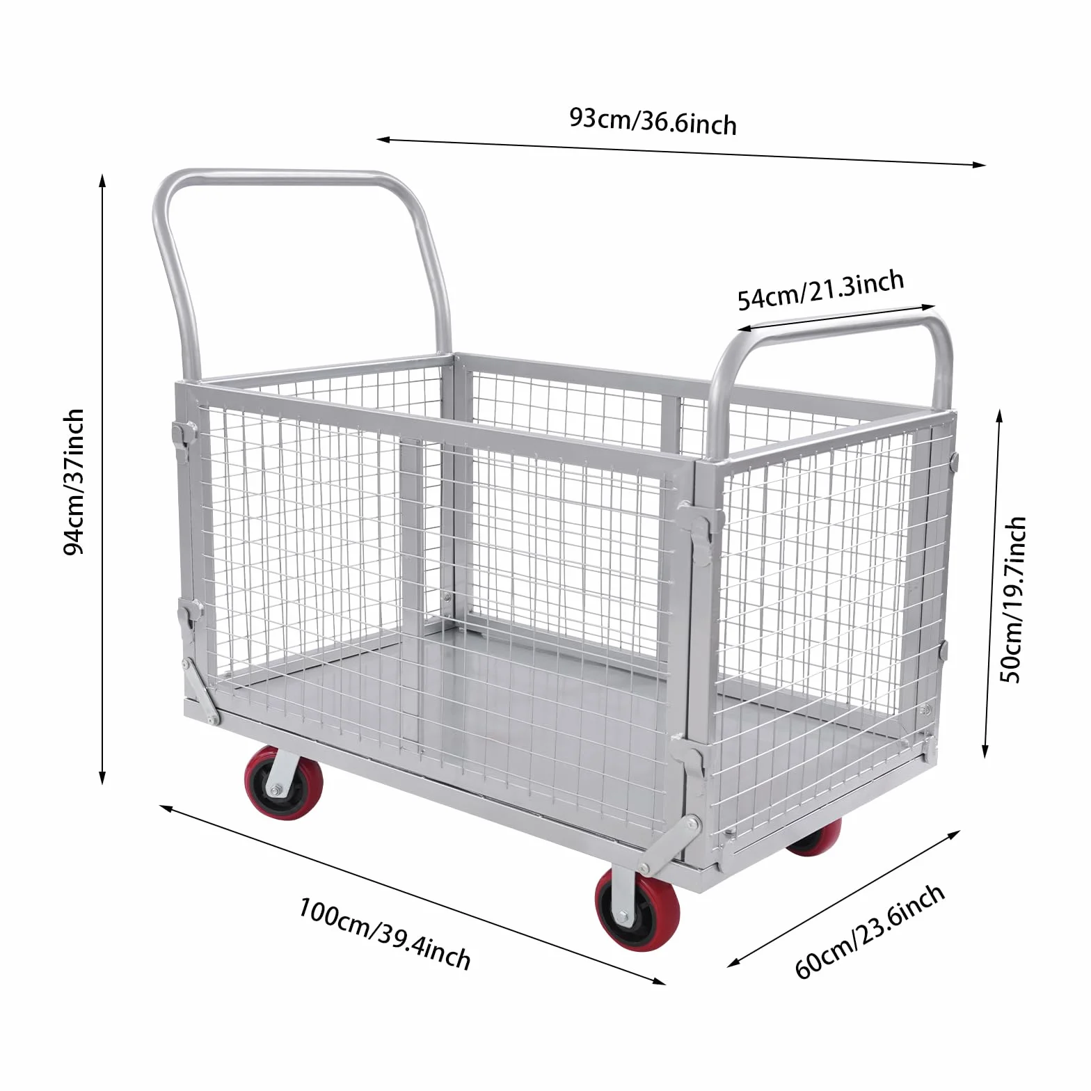 Carro plegable con ruedas, 100 x 60 x 94 cm, capacidad de carga 200 kg, color plateado