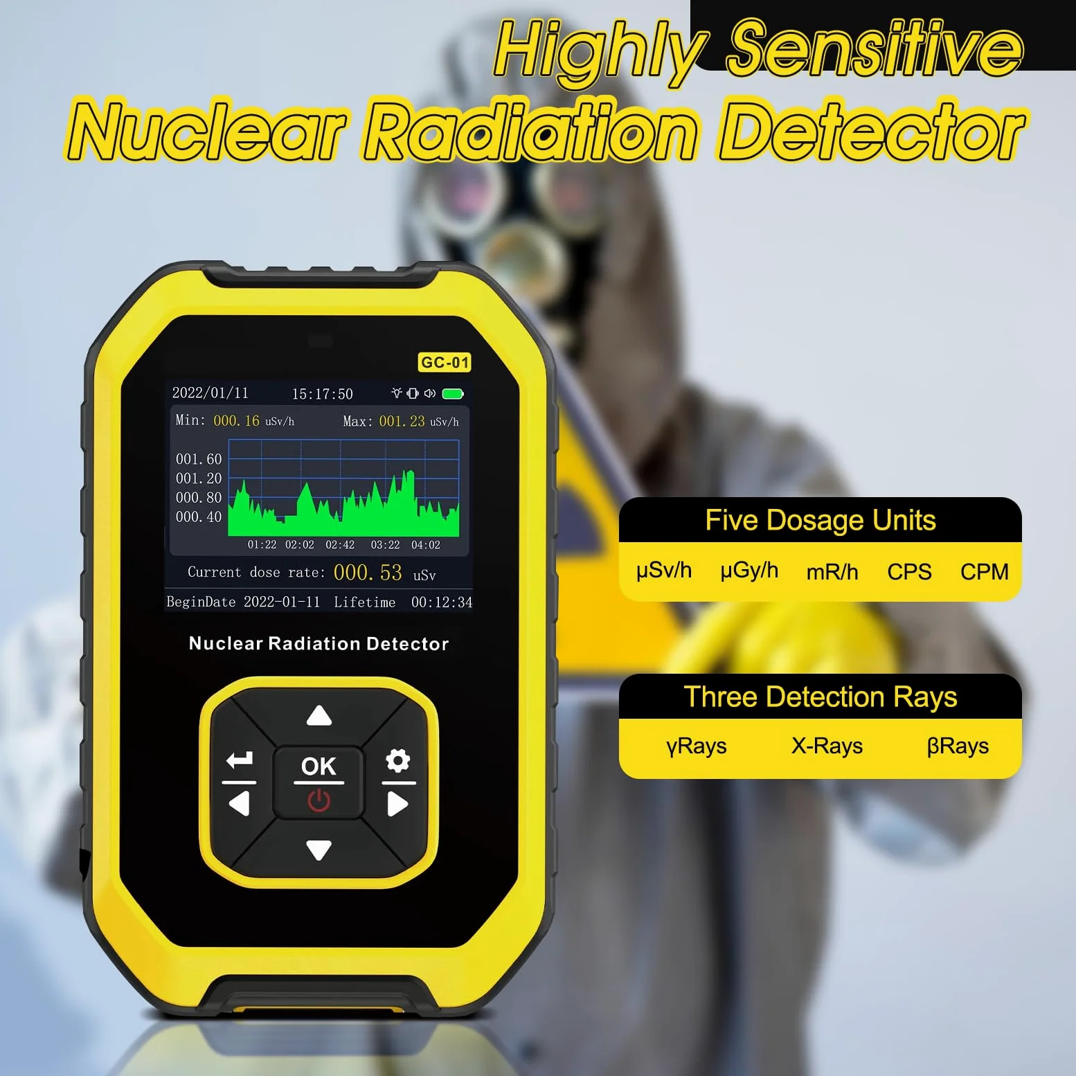 Contador Geiger portátil, detector de radiación nuclear YF-Y1-GC-01 con pantalla LCD, monitor de radiación recargable, probador de rayos X beta gamma, dosímetro de radiación de mano para el