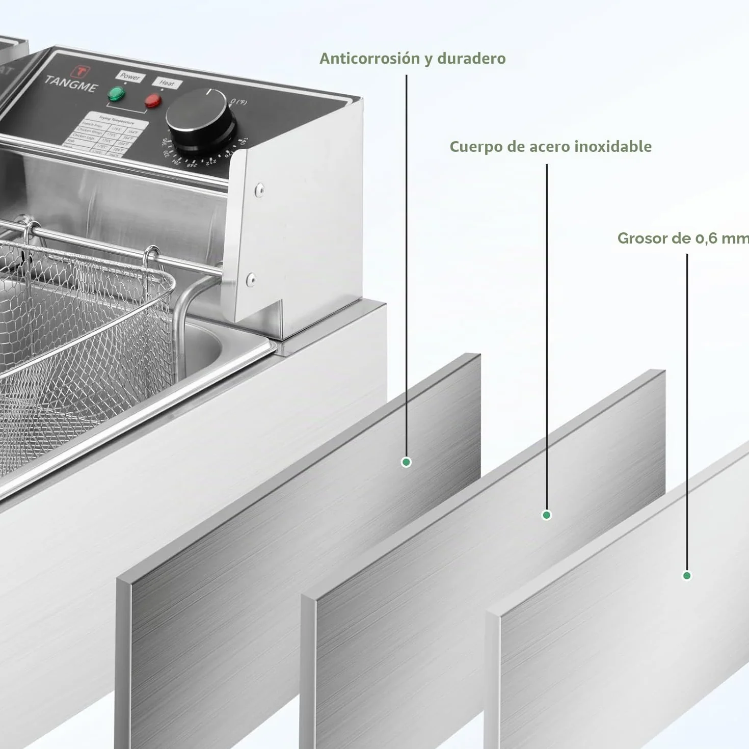 Freidora eléctrica comercial 5000 W 2 cestas 6 L acero inoxidable 20 L limitador temperatura