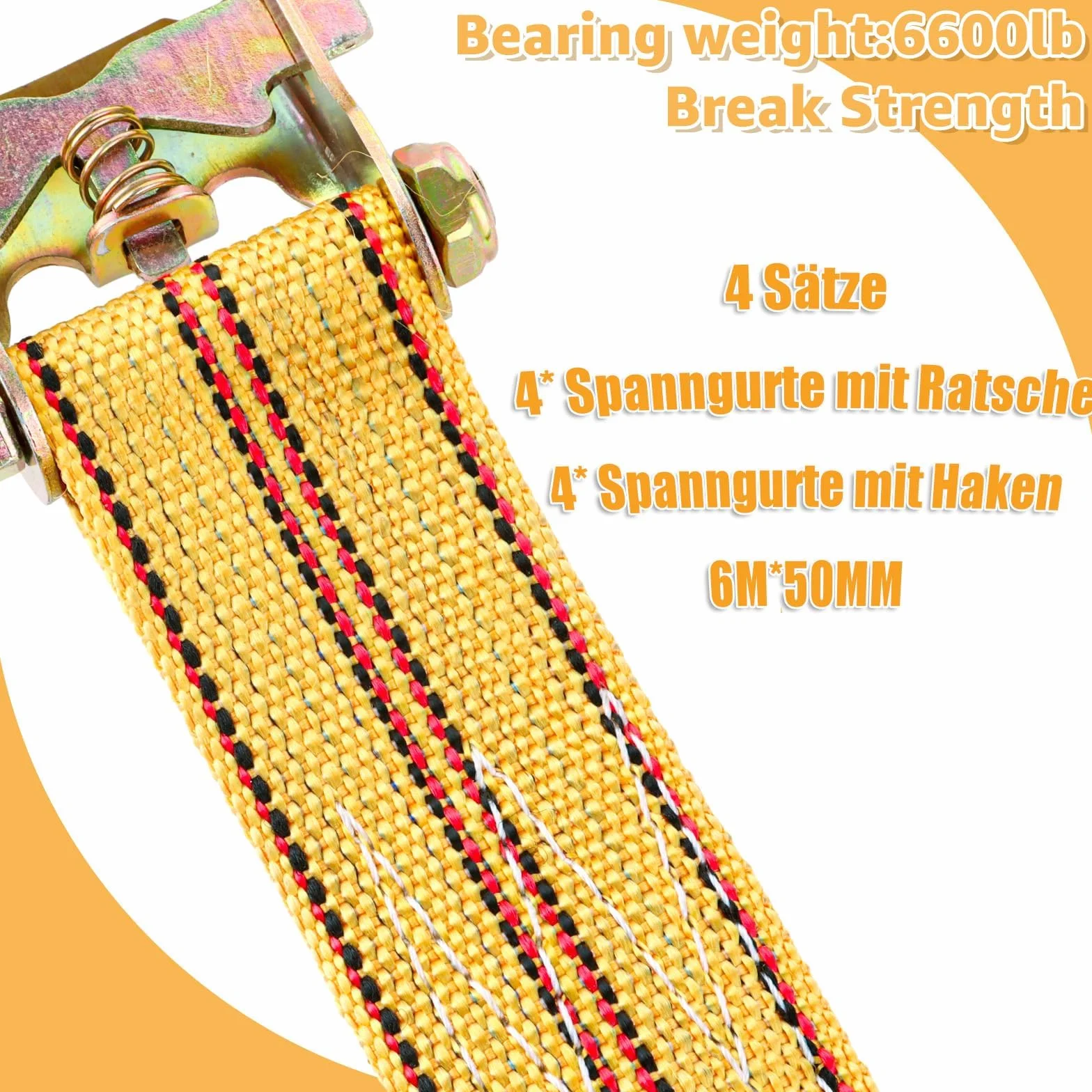 Pack de 4 Cinchas de Amarre con Trinquete, Polipropileno 6 m x 50 mm, 2000 kg