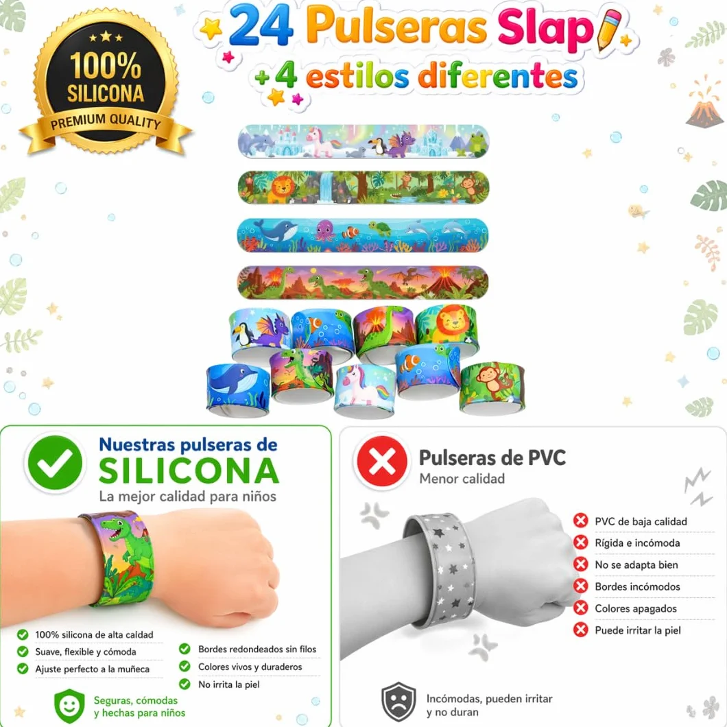 Pack 24 Invitados Regalos Cumpleaños Niños Colegio con Pulseras Silicona Slap Puzzle 3D Scratch Art Bolsas Individuales
