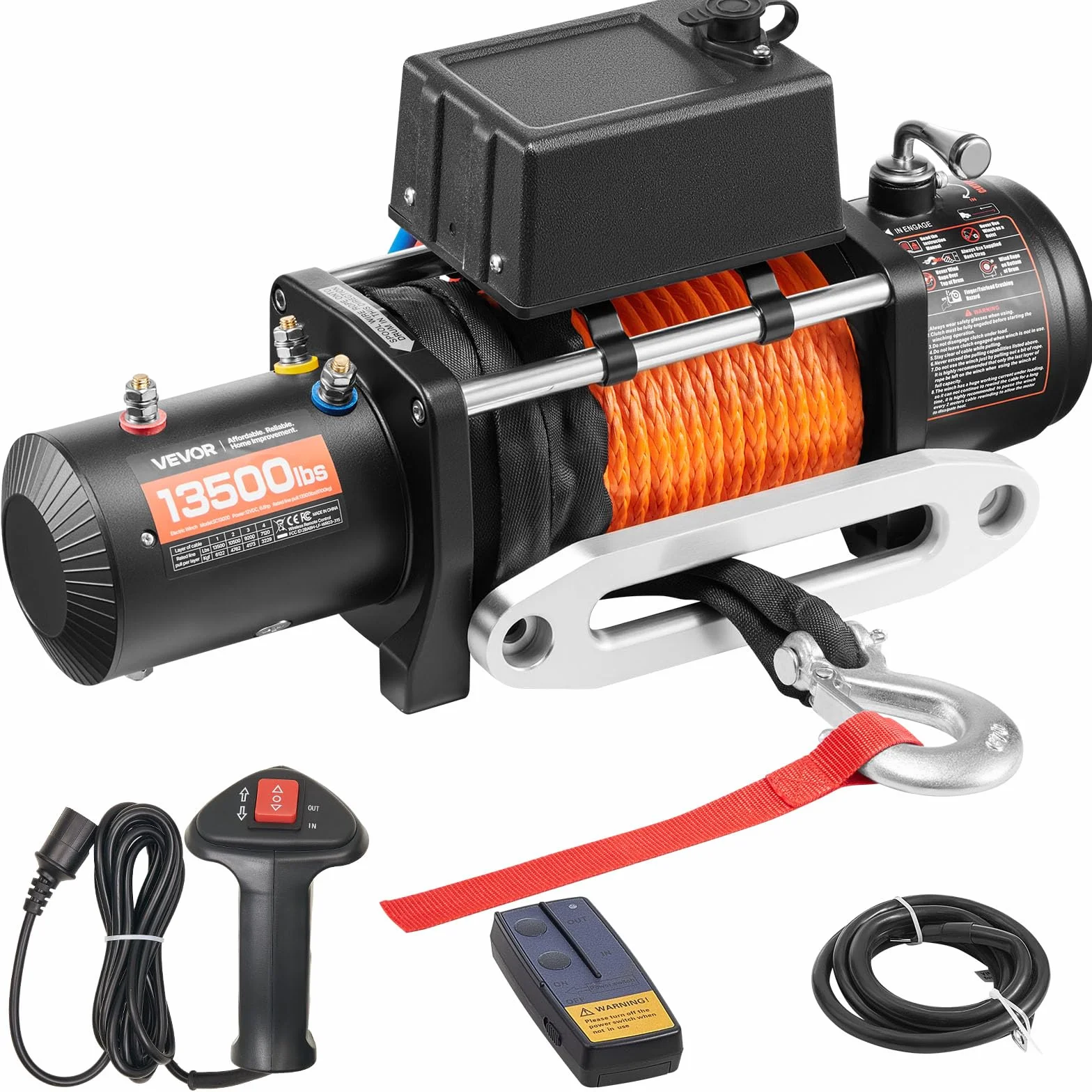 VEVOR Cabrestante Eléctrico 6123 kg 12 V CC Cuerda Sintética Guía de Cable Control Remoto Inalámbrico y por Cable Impermeable IP55 para Remolcar SUV Todoterreno, Jeep, Camión, Remolque, Barco