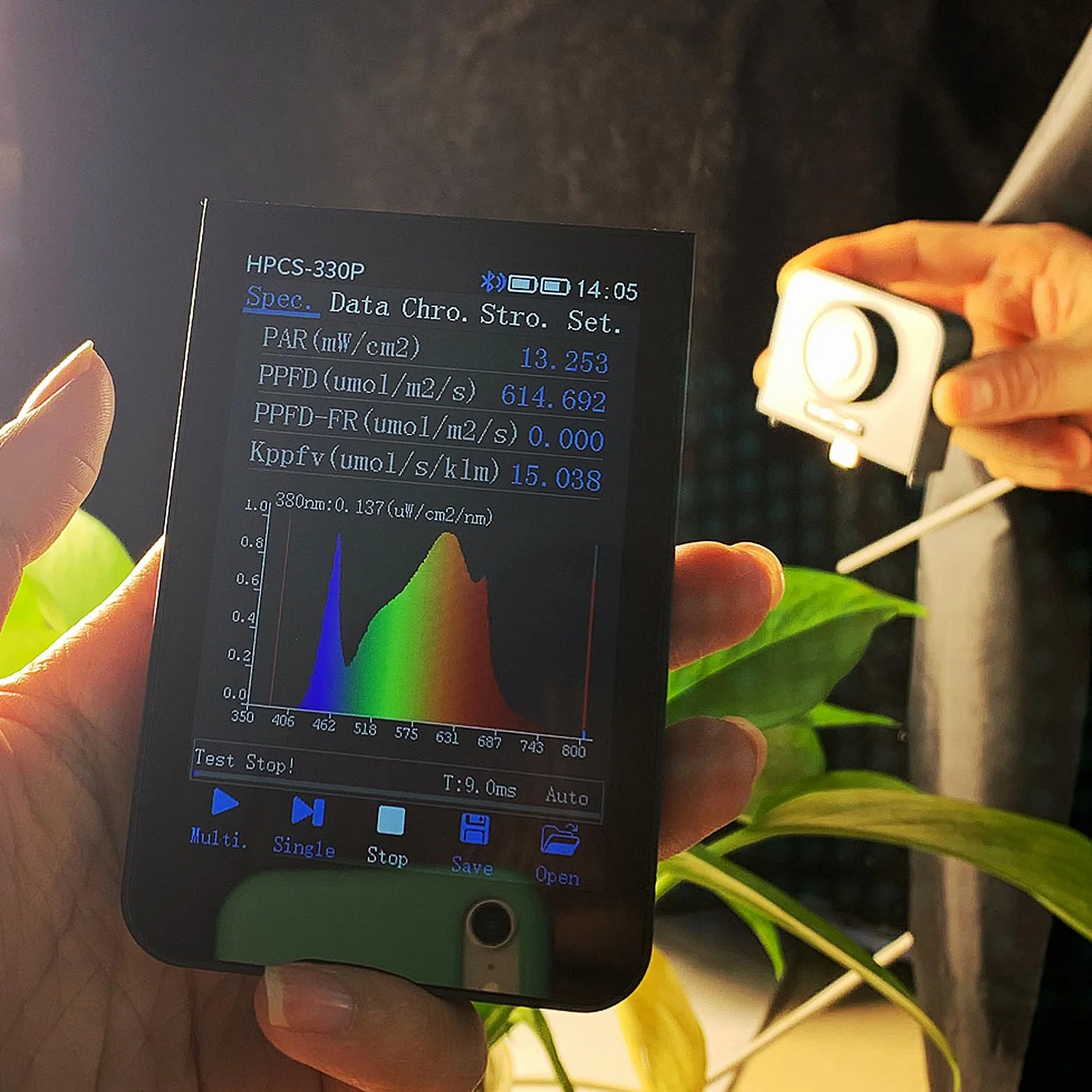 Medidor de luz PAR PPFD de 350-800nm HPCS330P, medidor de espectro de luz, medidor de CCT, espectrómetro CRI, prueba de parpadeo Hopoocolor para luz LED