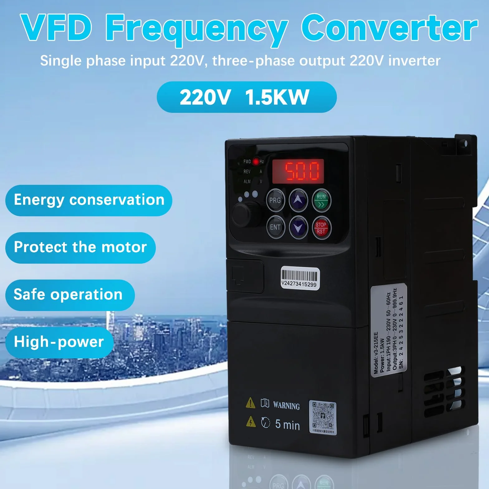 1.5kw Variador de frecuencia 220V Entrada monofasica 230V Salida trifasica 220V Variador de frecuencia VFD Cuadro de control extraible modelo V3-215EE (con cable de extension de 1,5m)
