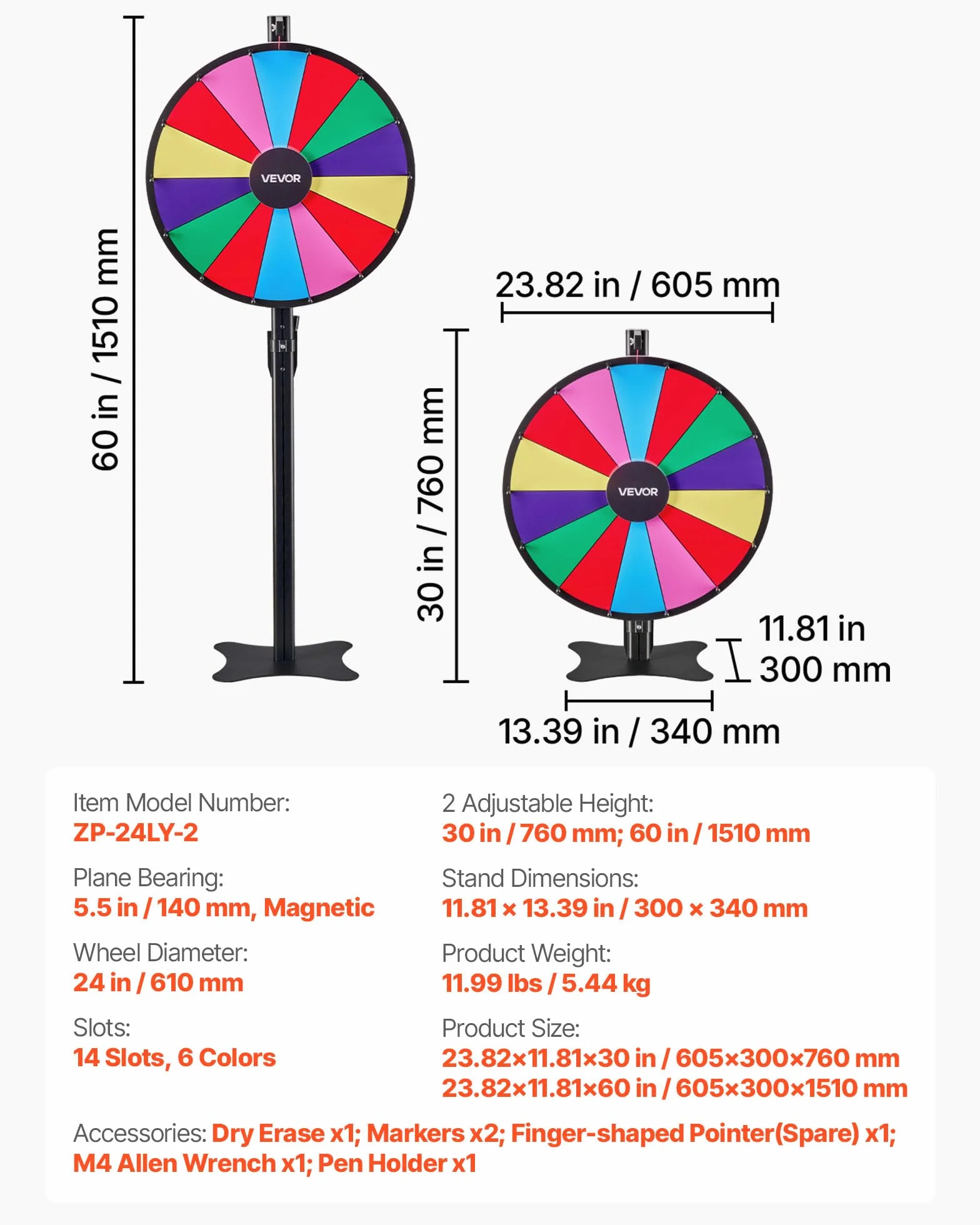 VEVOR Rueda de la Fortuna 14 Ranuras con Soporte Altura Ajustable Juegos de Lotería Ruleta Ganadora 605 x 300 x 1510 mm