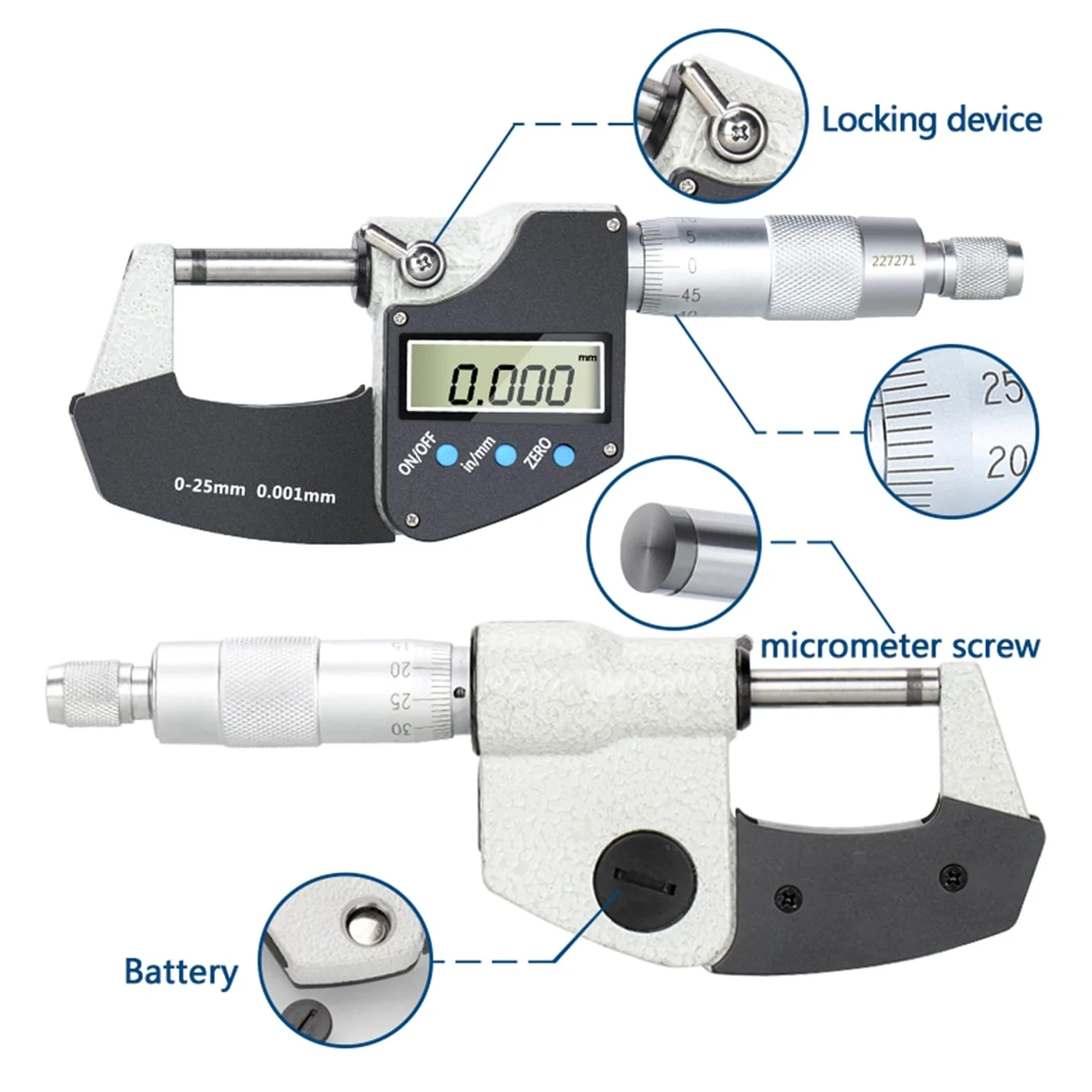 Calibrador digital de micrómetro 0.001mm 0-25/50/75 100mm Micrómetro exterior electrónico con LCD Herramientas medición calibre pantalla,Alta precisión(25-50mm)