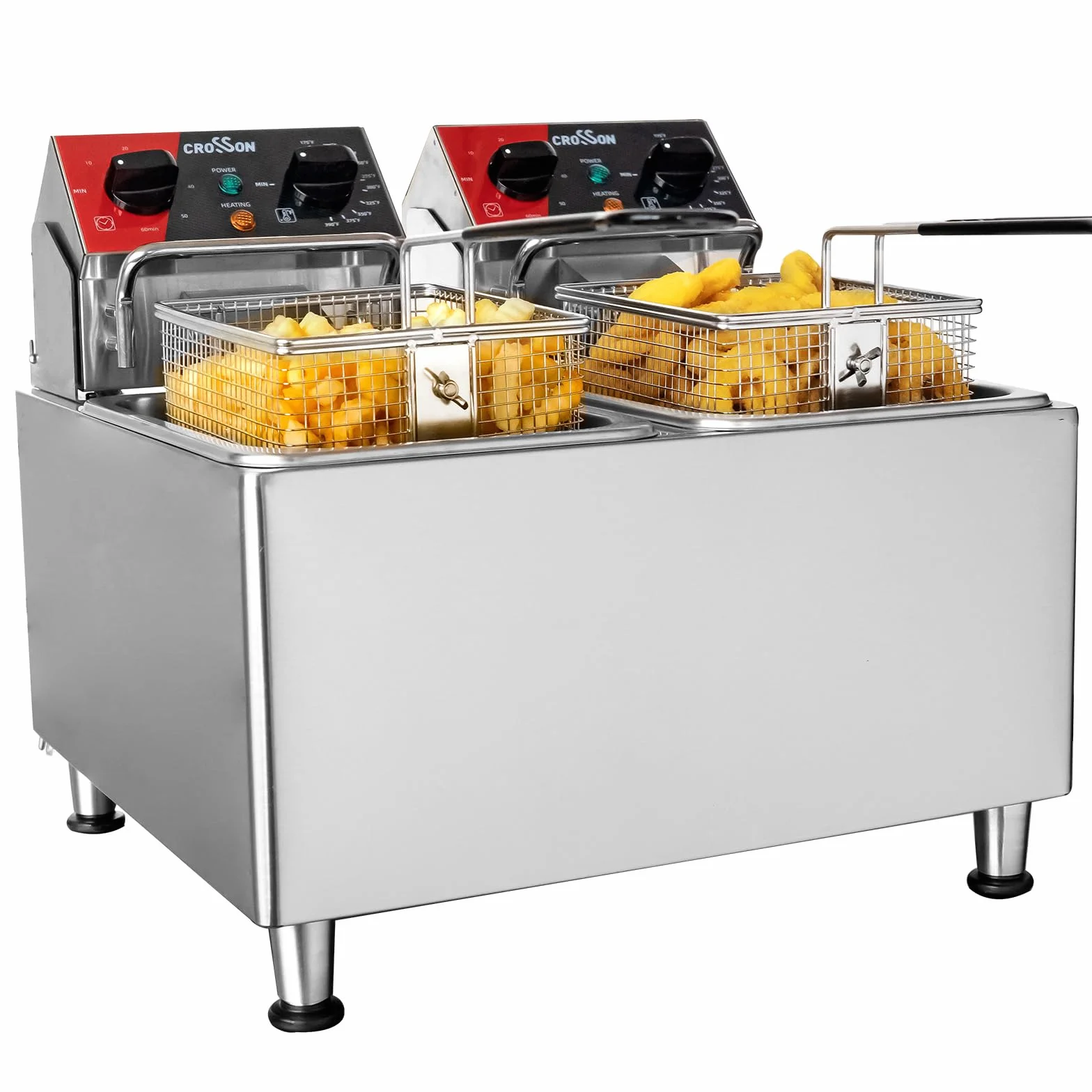 CROSSON Freidora Doble Eléctrica Profesional 8L,4000W Freidora Industrial Hosteleria de Acero Inoxidable con Cesta y Tapa, Temperatura Ajustable,para Aros de Cebolla Pollo Papas Fritas