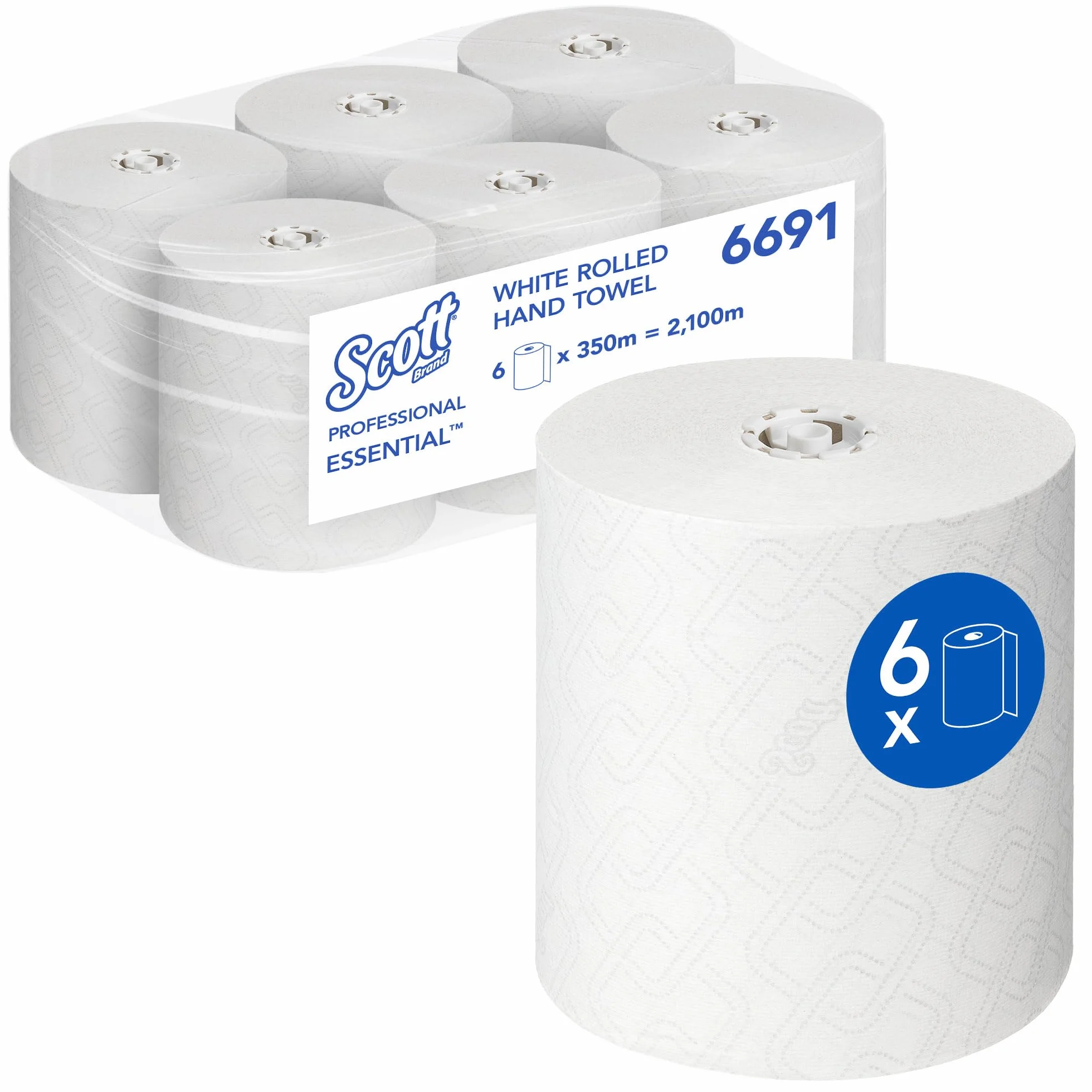 Scott Essential secamanos en rollo 6691, Rollos de papel secamanos blanco, Con tecnología Airflex, 6 rollos de 350 m (2100 m en total)