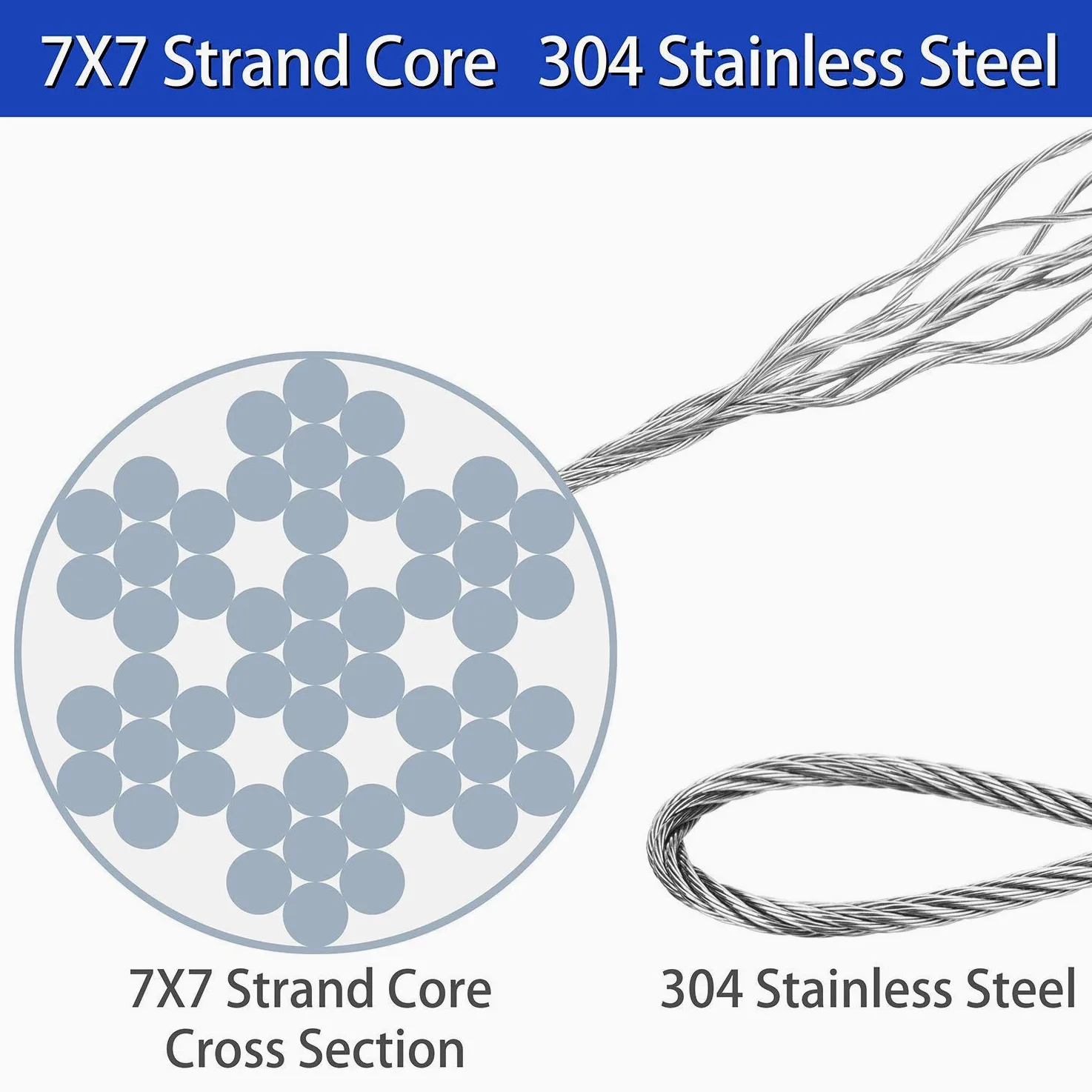 Cuerda de Alambre de Acero Inoxidable de 7 x 7 Hilos Core Aircraft Cable, Diameter2.5mm Long:50M/164ft