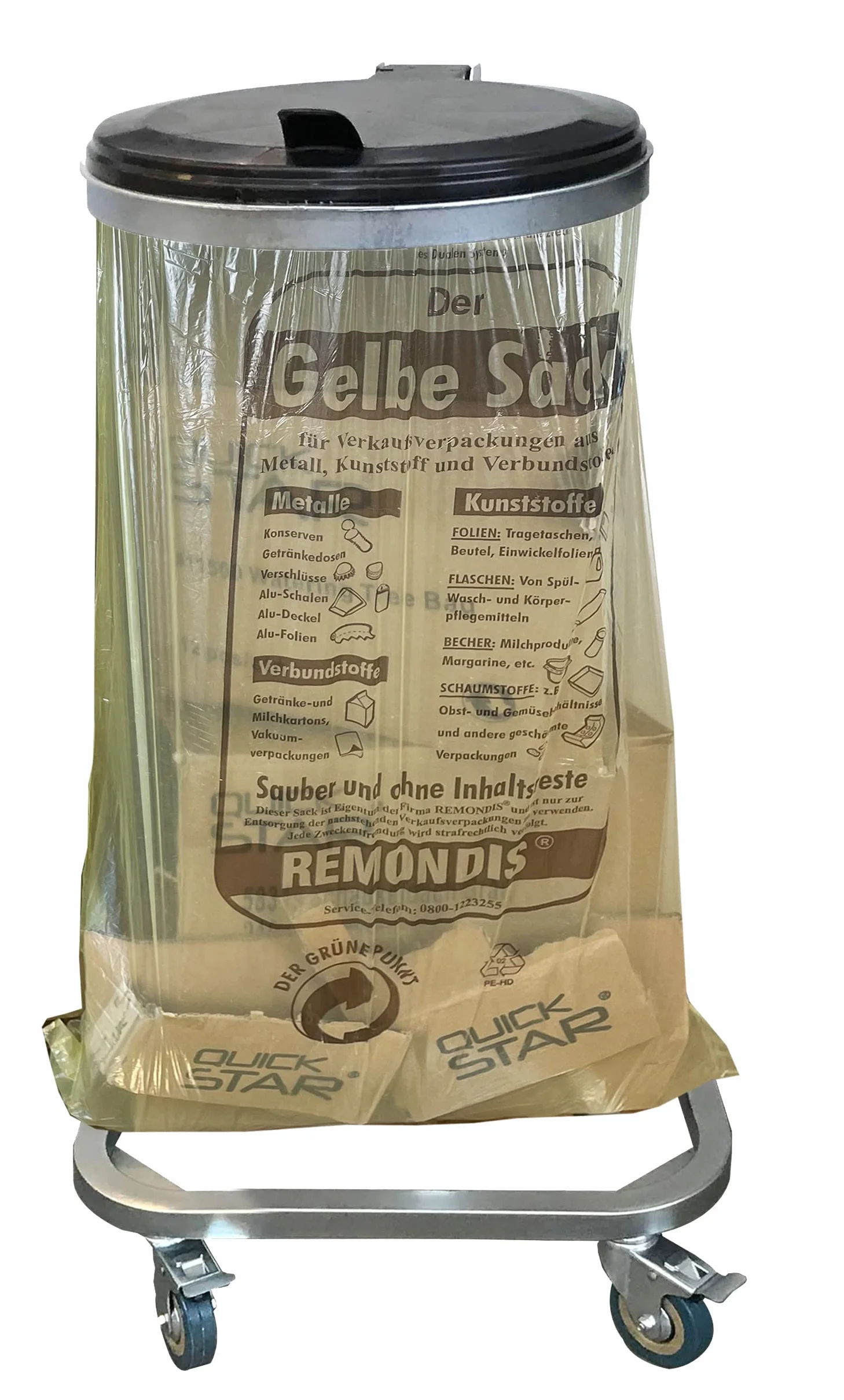 QUICK STAR Soporte para Bolsas de Basura con Tapa y 4 Ruedas | Porta Bolsas de Basura Metálico 120 litros | Robusto Acero Galvanizado | Bolsa Amarilla 120L | Contenedor de Residuos Móvil