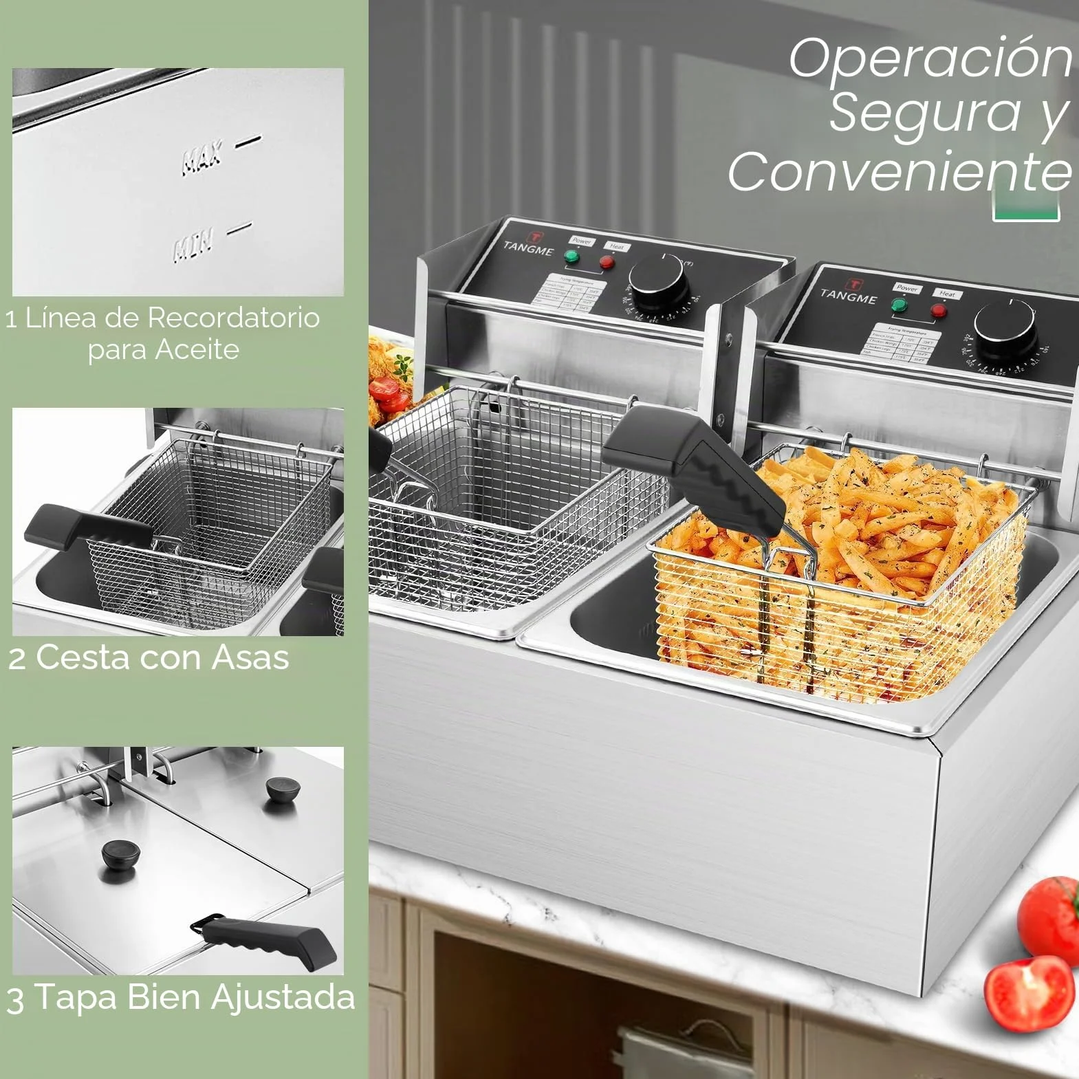 Freidora eléctrica comercial 5000 W 2 cestas 6 L acero inoxidable 20 L limitador temperatura