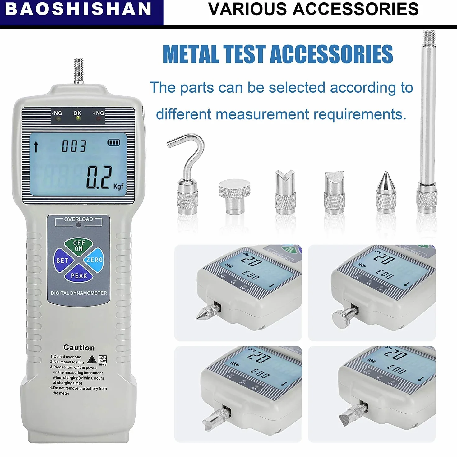 BAOSHISHAN Medidor de fuerza digital Probador de dispositivo de medición push-pull con interfaz USB-RS232 Instrumentos de medición de fuerza LCD (1000N)