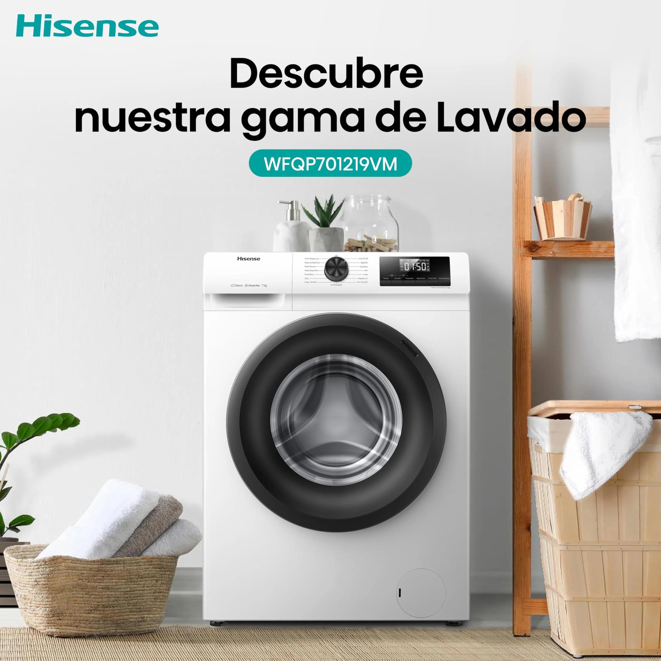 Hisense Lavadora WFQP701219VM 7 Kg 1200 rpm 84.5 cm Blanco
