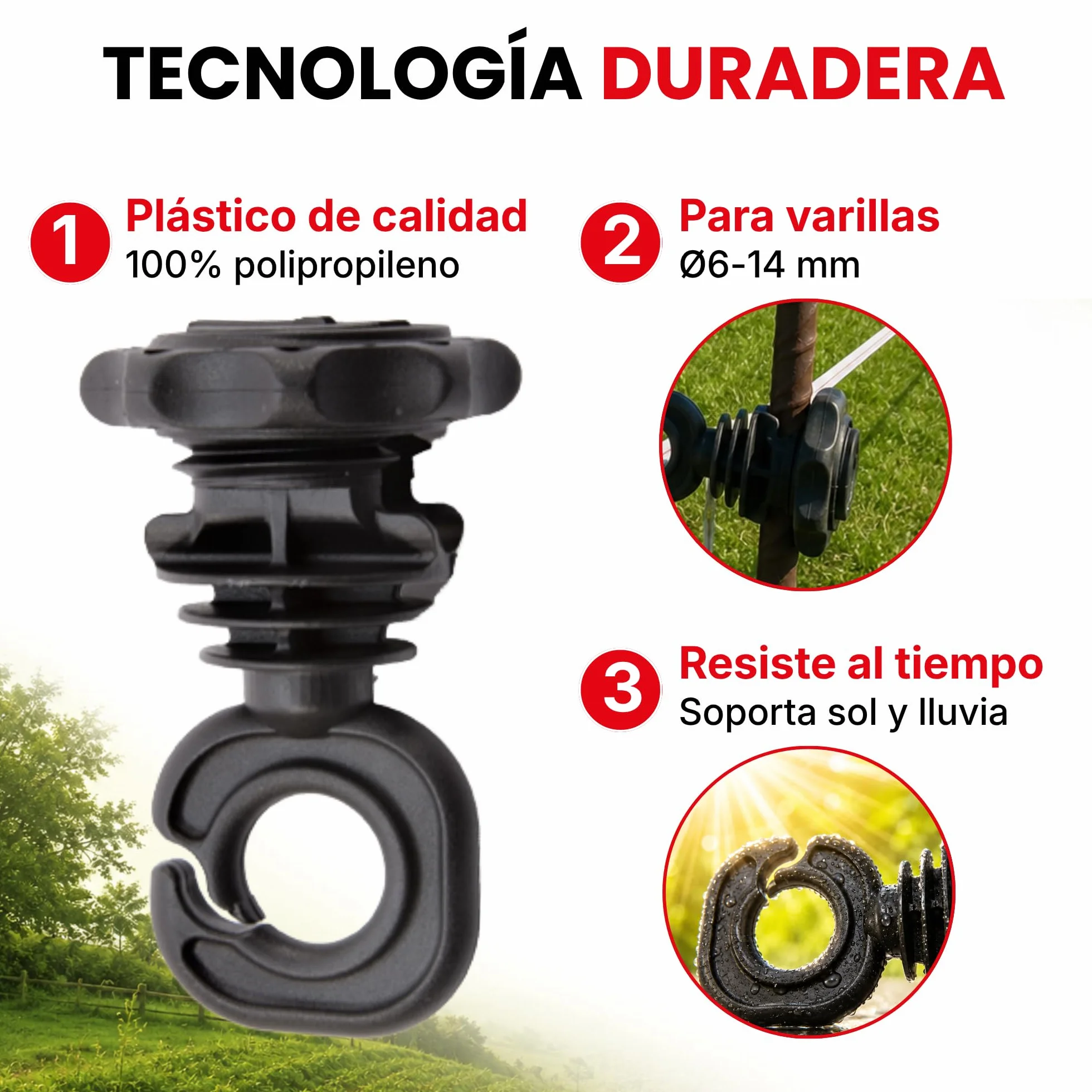 Llampec Aislador Ais00006E - Pack 200 Aisladores N-6E para Pastor Eléctrico, Compatibles con Varilla, Hilo y Cable, Aislamiento de Alta Resistencia para Cercados Eléctricos y Vallados de Ganado