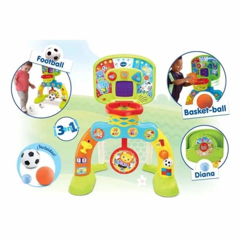 VTech Baby Centro de Deportes Basket-GOL Portería fútbol Canasta Baloncesto Diana Efectos Especiales respuestas interactivas Tres Pelotas Marcador LED versión ESP