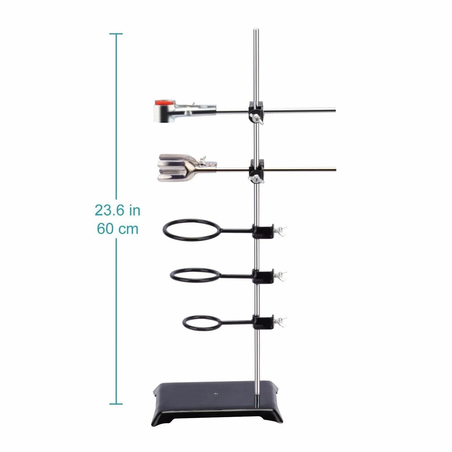 Soporte de laboratorio con varilla de 60 cm, 3 anillos de soporte, 2 pinzas para matraz, 2 pinzas de nuez, set metálico para laboratorio