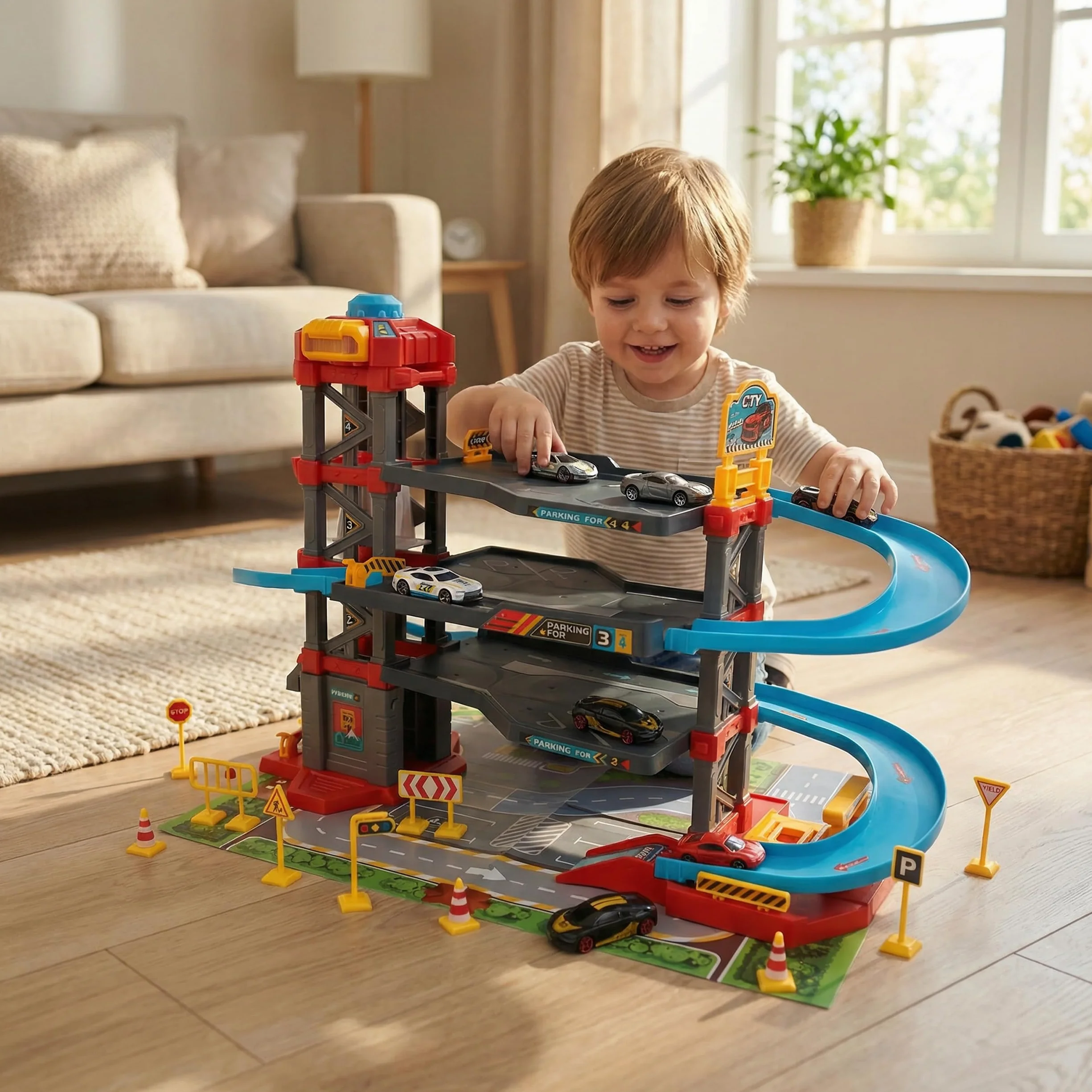 MOLTO Pista de Carreras Infantil con Garaje de Varios Niveles y Rampas en Espiral, Parking de Juguete con 3 Coches
