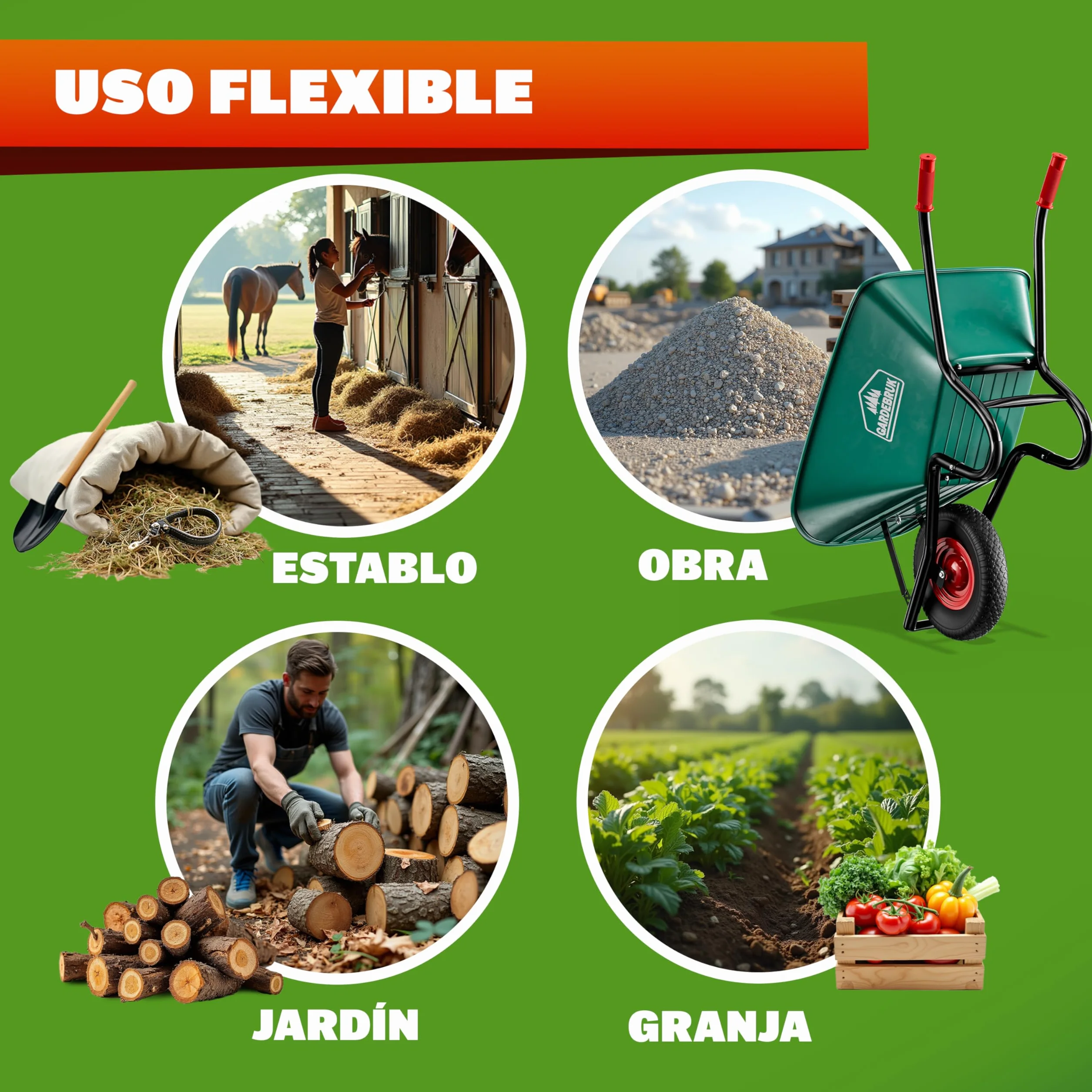 GARDEBRUK® Carretilla de Jardín 100L 250KG Llanta Acero Resistente Todoterreno