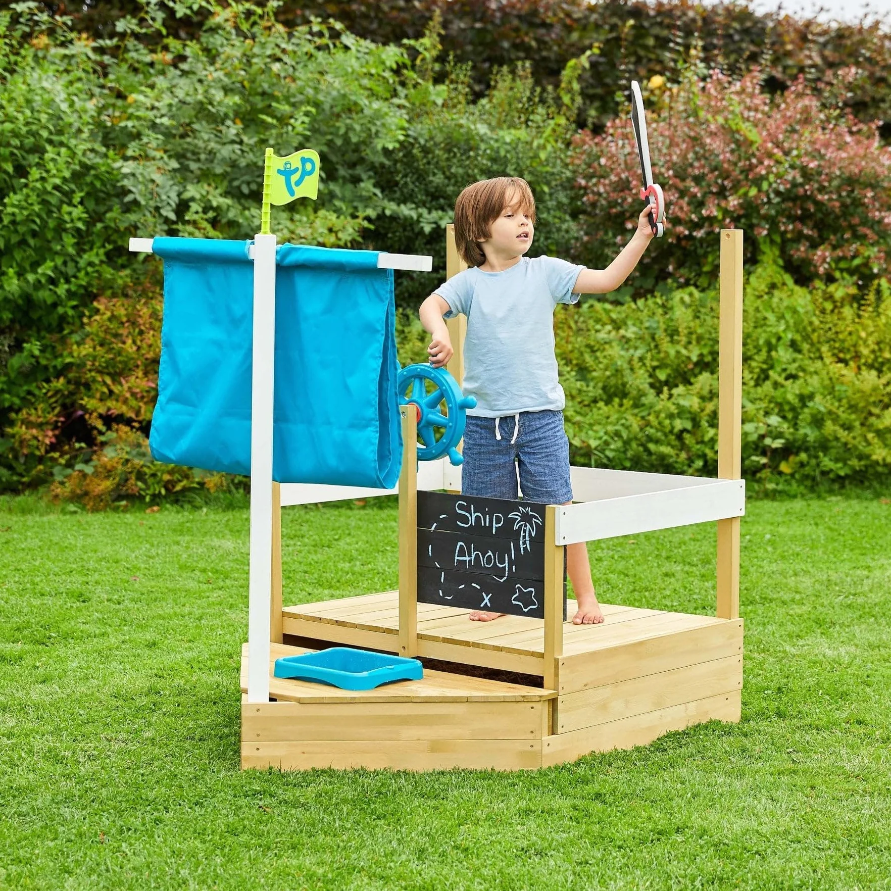 TP Toys Ahoy Barco de Juego de Madera con Arenero y Cubierta de Sombra para Niños 2+ Años