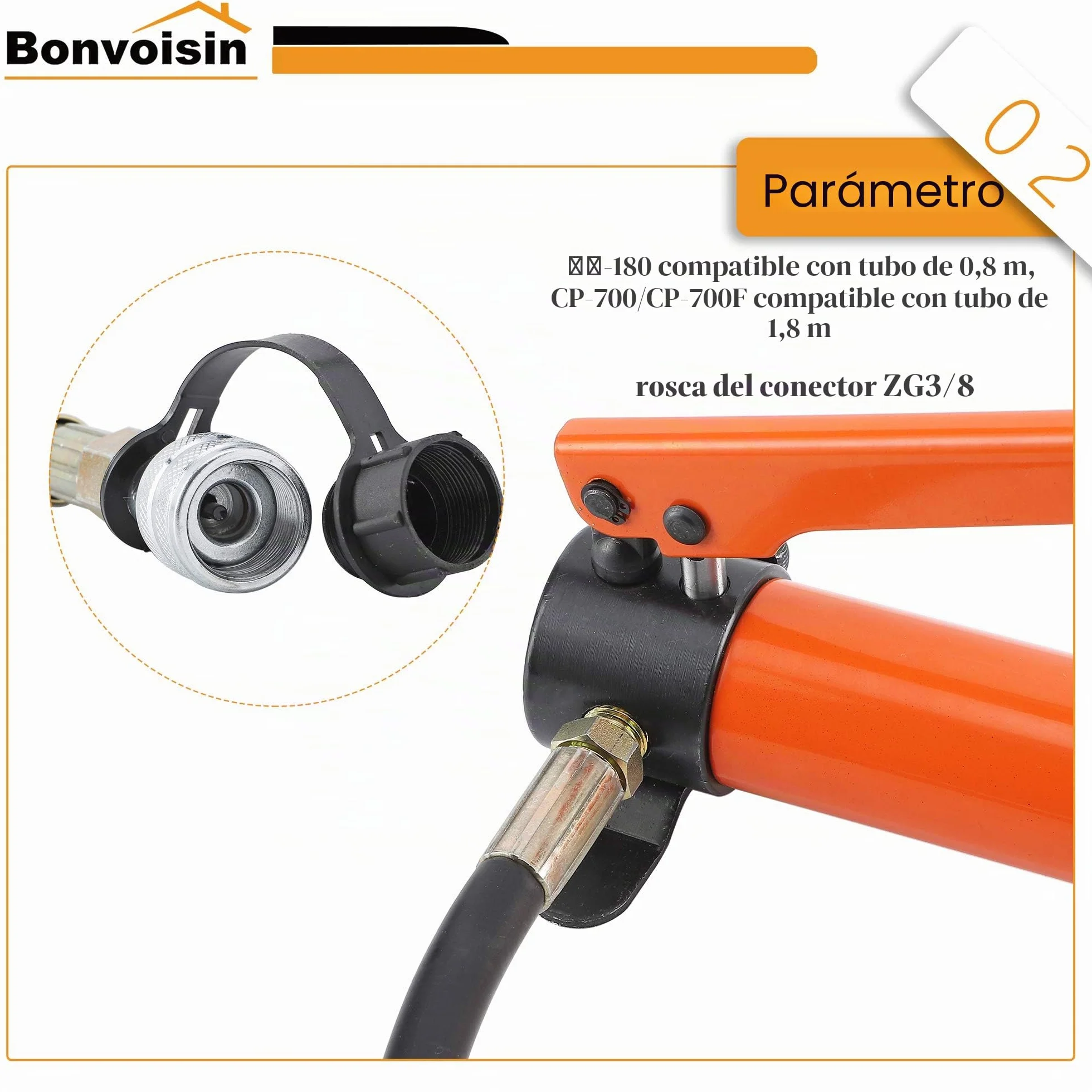 Bonvoisin CP-180 Bomba Hidráulica Manual, Alta Presión 60kg/cm², Capacidad de Aceite 400cc, Longitud de La Manguera 0,8m, para 5T/10T/20T Gato Hidráulico