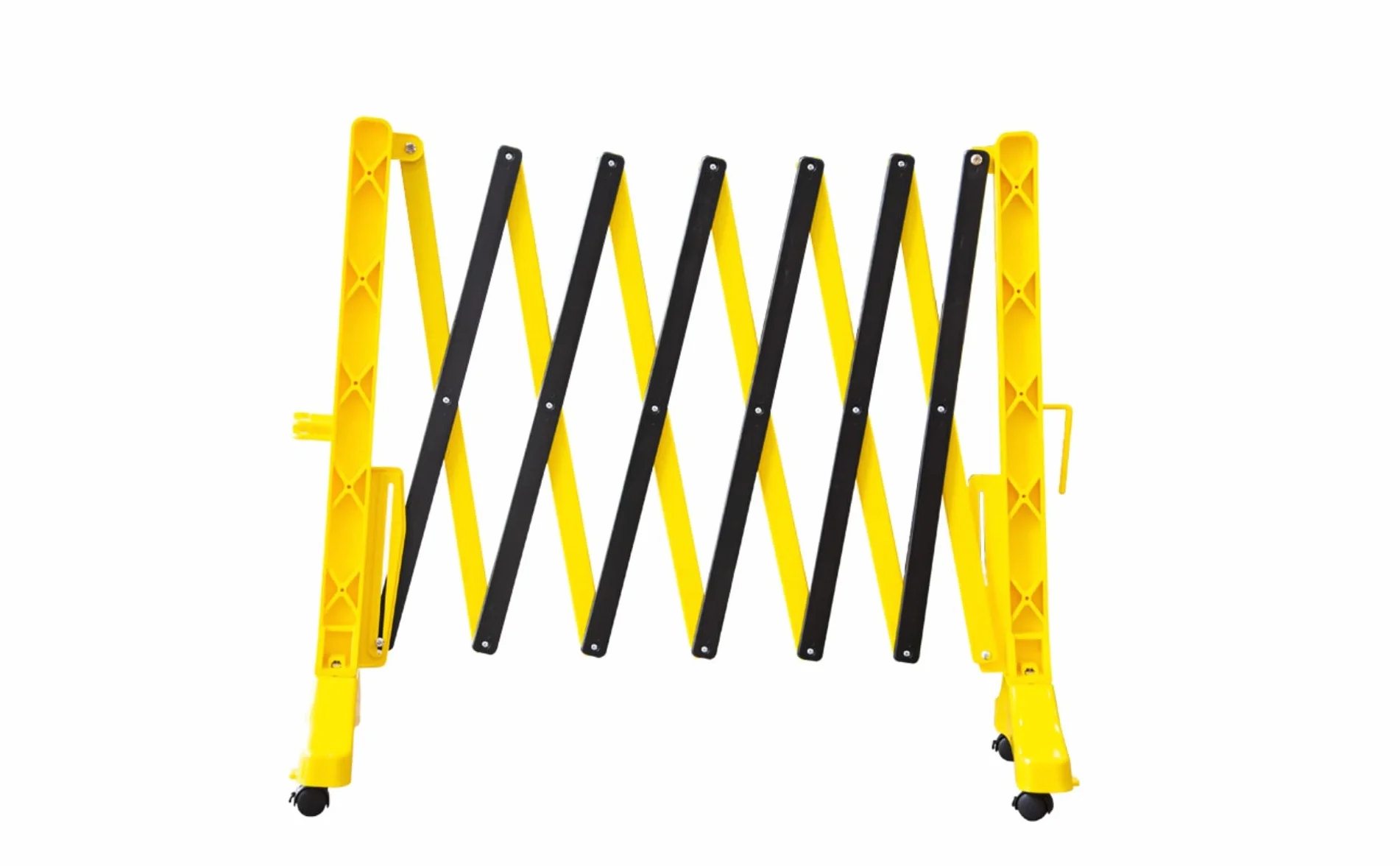 Barrera de seguridad plegable amarilla - 350 cm | Barricada extensible de plástico para seguridad peatonal | Valla de barricada móvil portátil con 4 ruedas