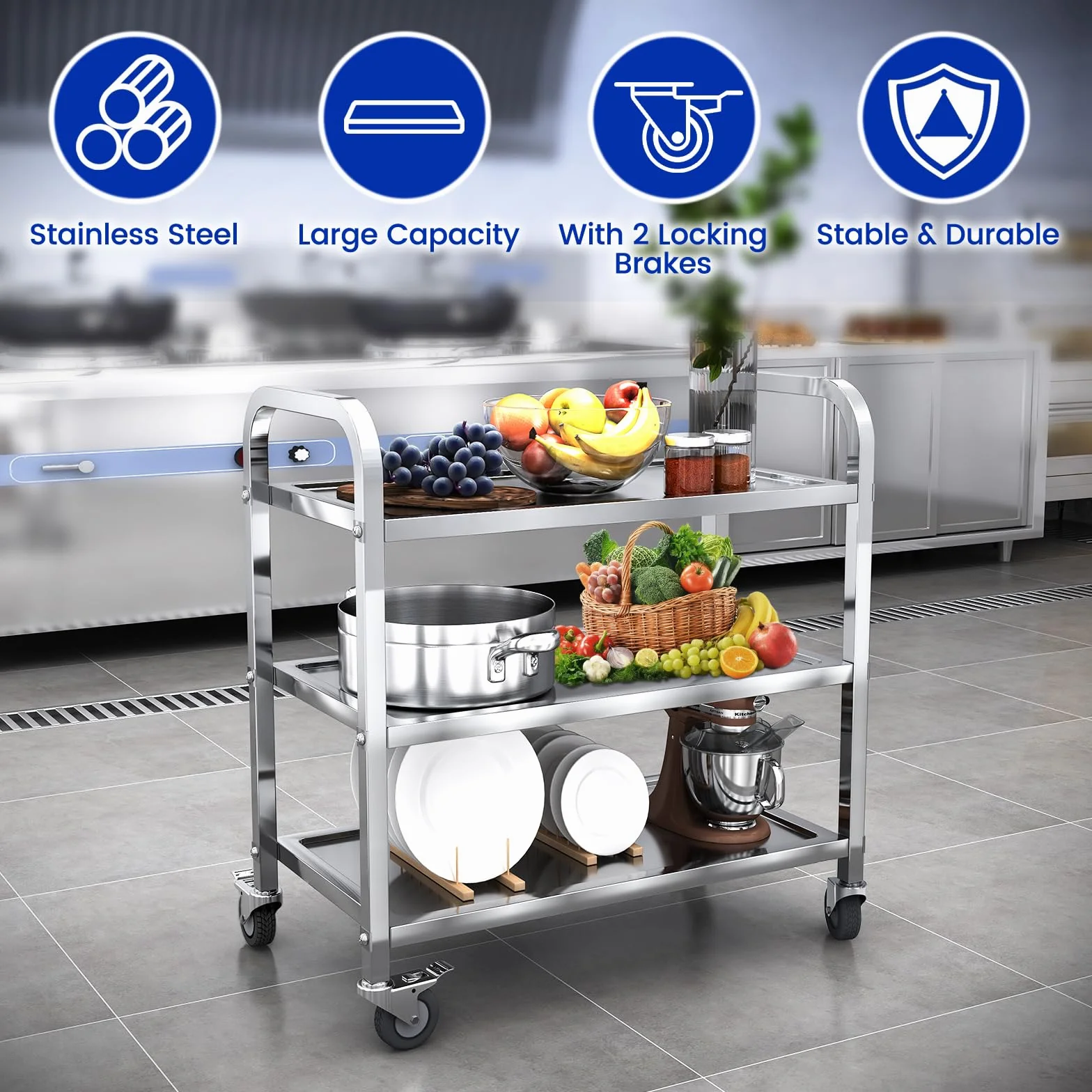 Carrito de Restaurante con 3 Estantes Carro Cocina de Servicio de Acero Inoxidable con 4 Ruedas (62.5 * 31.5 * 80)