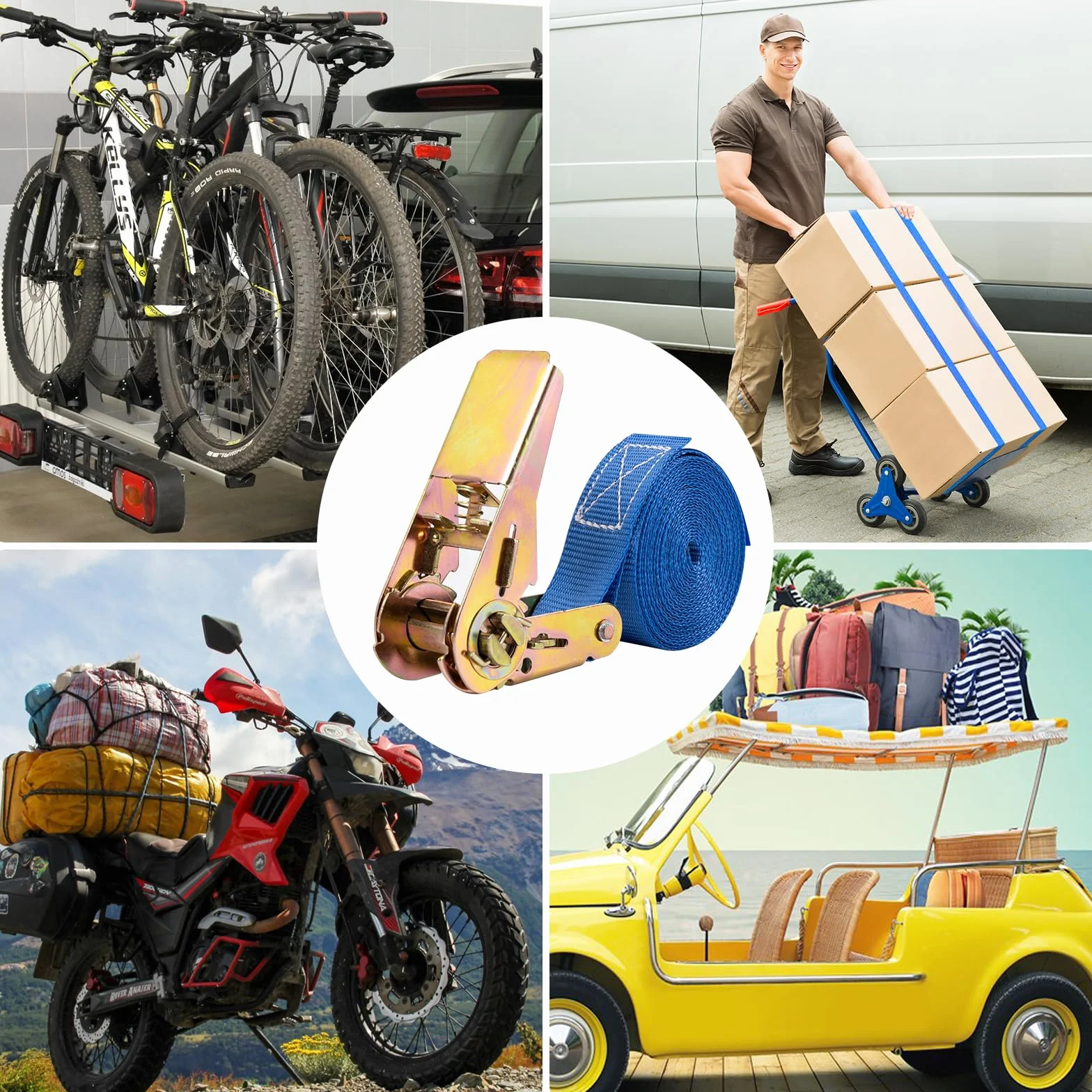 Correas tensoras con carraca 4 m robustas Amarre para Transporte Materiales Motocicletas Bicicletas mudanzas Paquetes Camping 2 Unidades Azules
