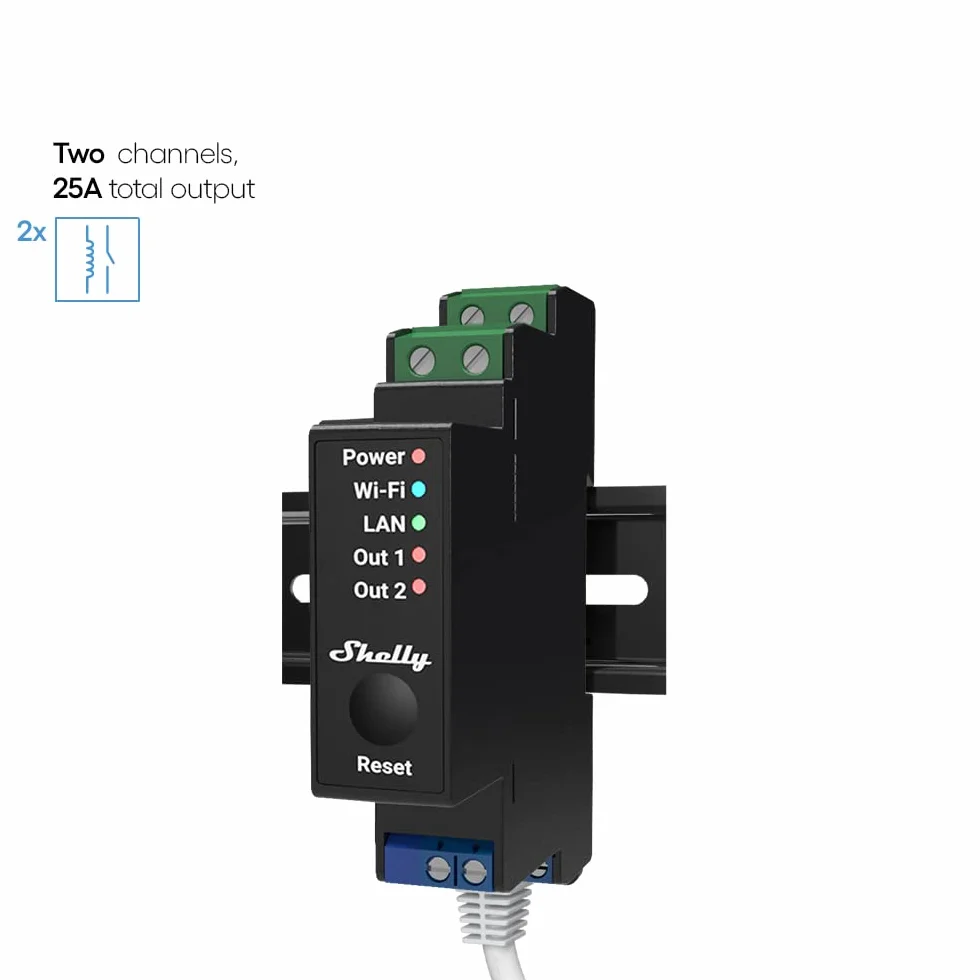 Shelly Pro 2PM, Relé inteligente wifi, LAN, Bluetooth, 2 canales, carril DIN, profesional