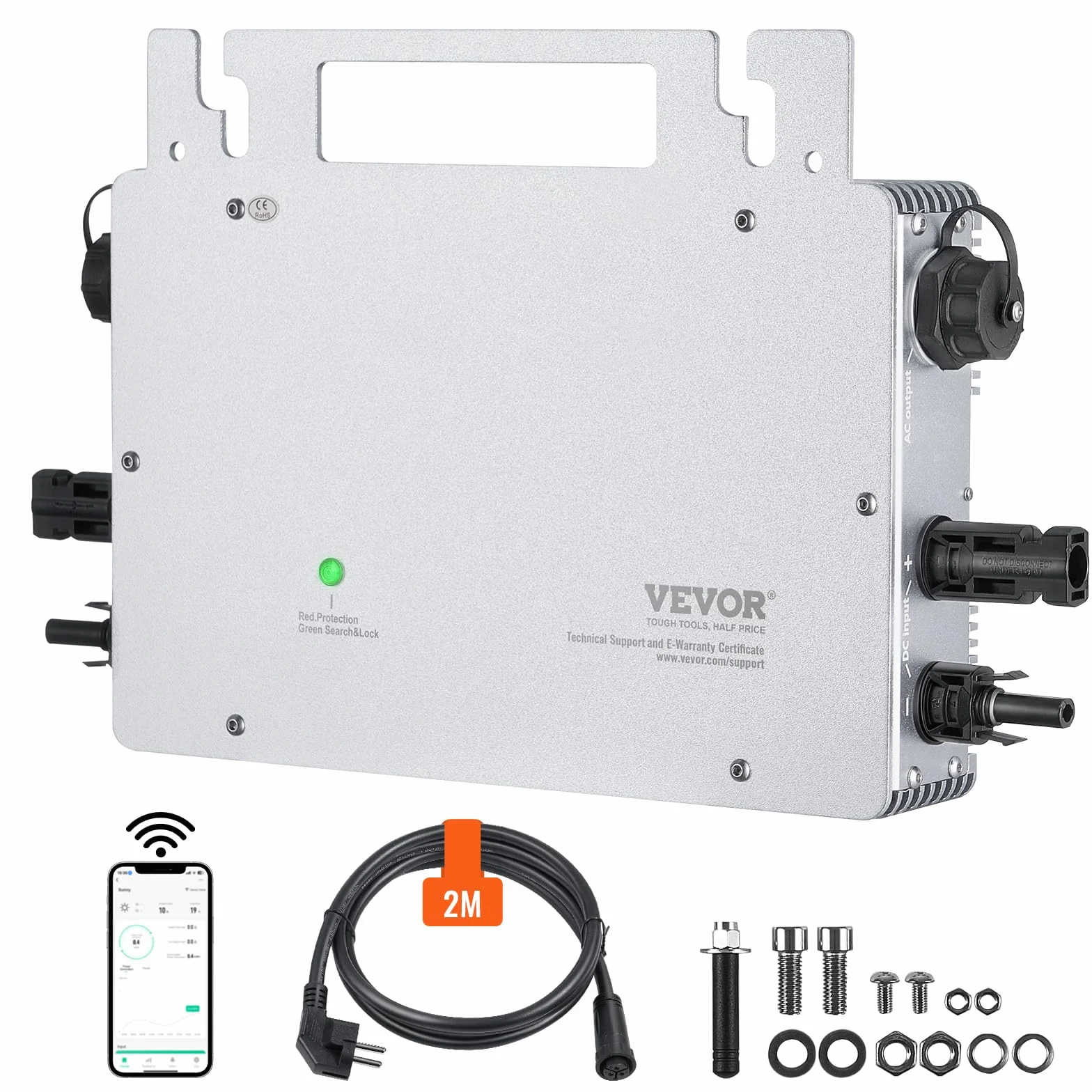 VEVOR Microinversor Solar para conexión a Red, 800 W Impermeable, IP65, aleación de Aluminio, Voltaje CC 18-50 V con Antena WiFi App, Cable de alimentación para Sistemas de Paneles solares