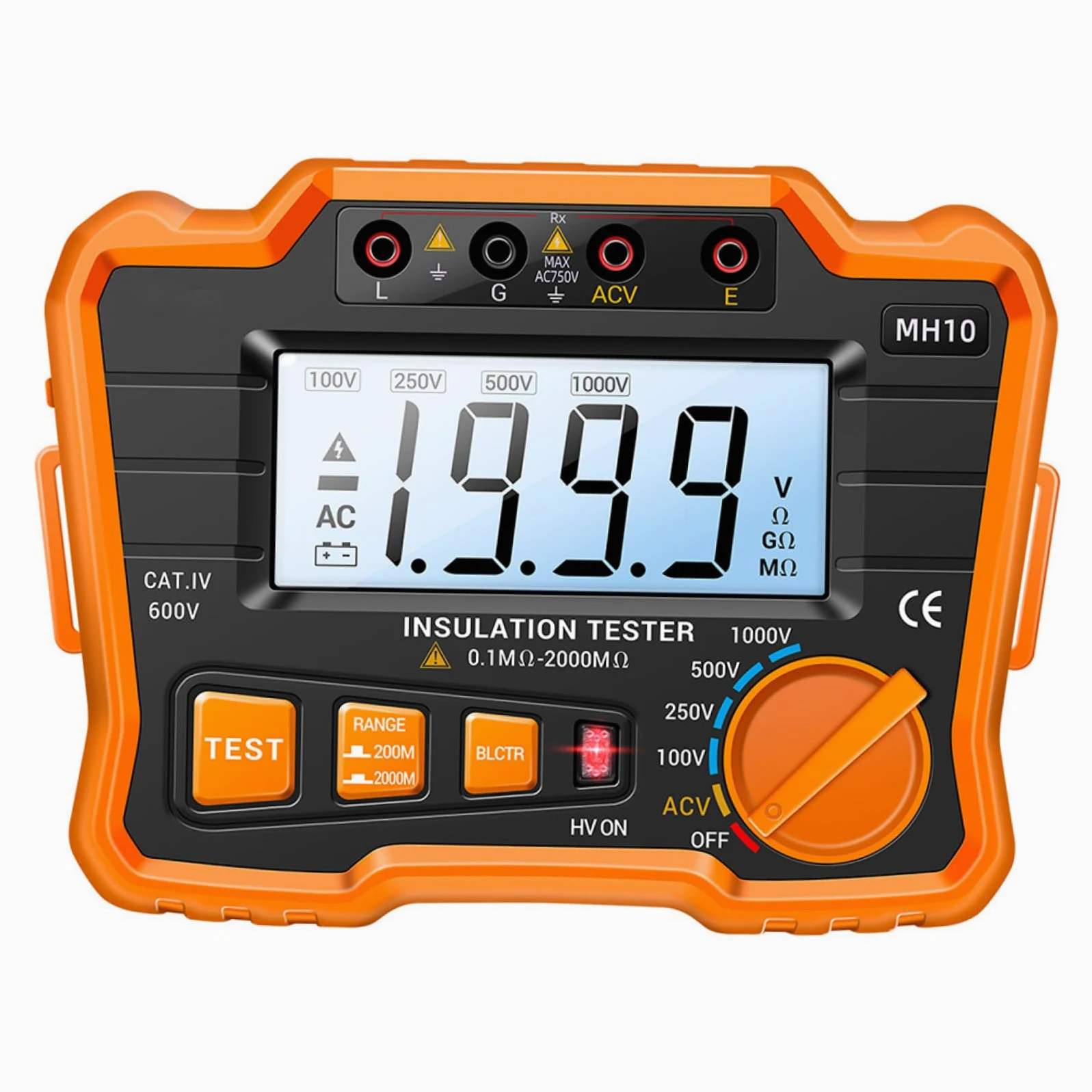 Megóhmetro Medidor Electrónico Industrial Mh10 de Resistencia de Aislamiento Digital Retroiluminación Lcd Naranja para Pruebas Eléctricas y Mantenimiento Profesional