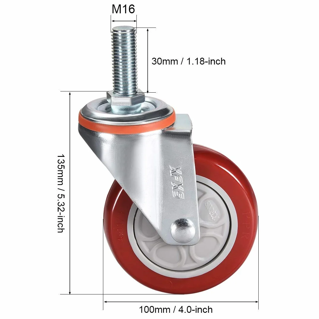 Ruedas giratorias Rueda giratoria PU Rueda de 4 pulgadas de diámetro M16 x 40 mm Varilla roscada Capacidad de 286 libras, 2 piezas