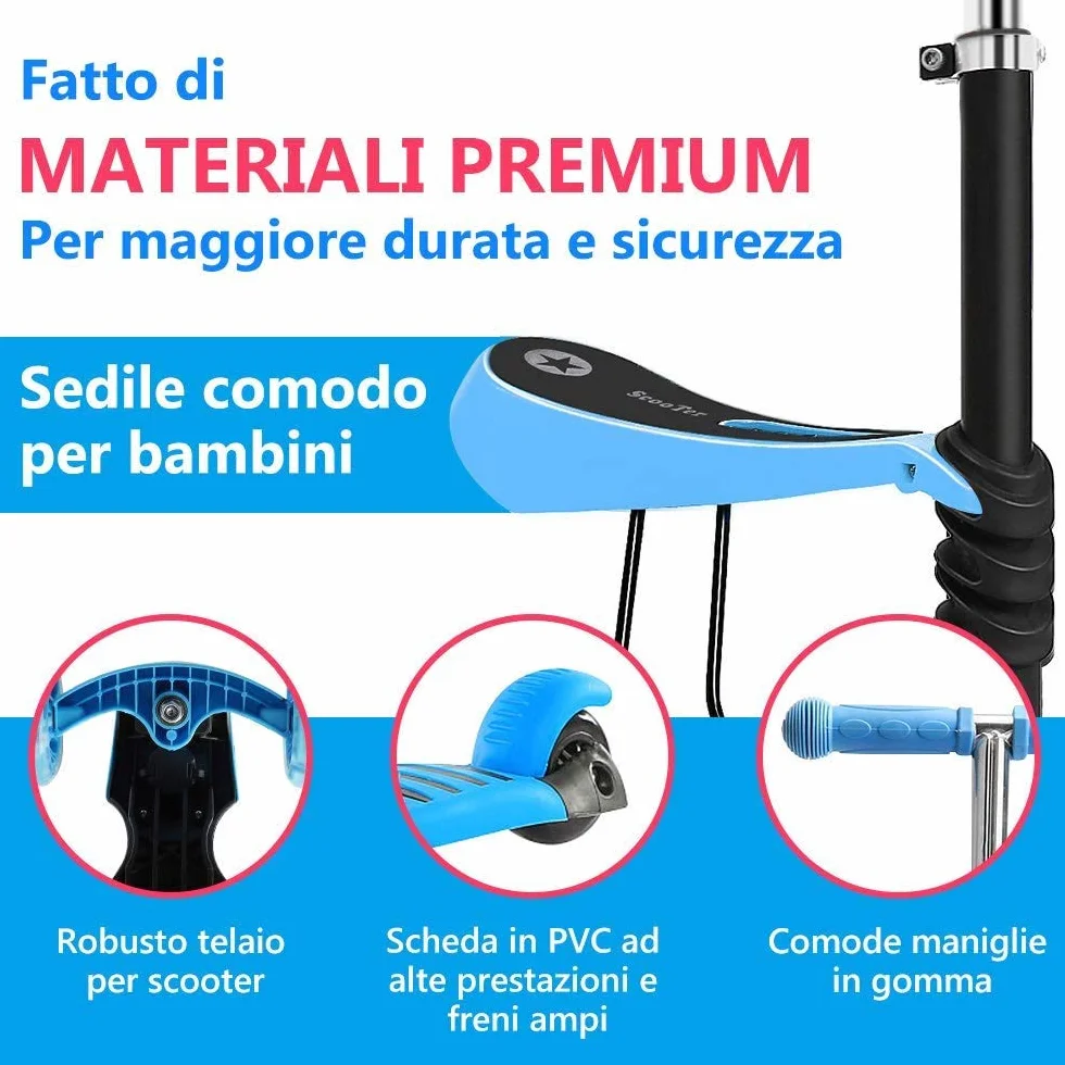 YOLEO Patinete para Niños 5-en-1, 3 Ruedas LED, Manillar Ajustable, Asiento Extraíble, 50 kg, Azul