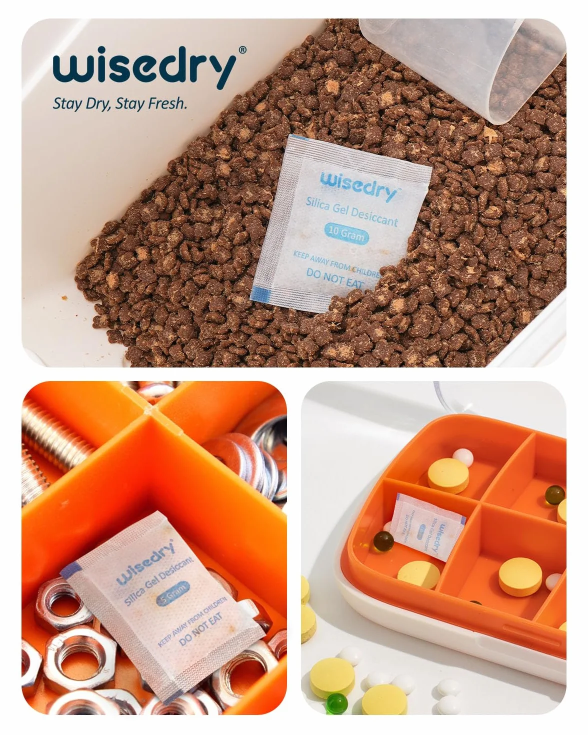 Wisedry Pequeñas bolsitas de gel de sílice desecante 2 Gramos [120 paquetes] para almacenamiento de alimentos, absorbentes de humedad