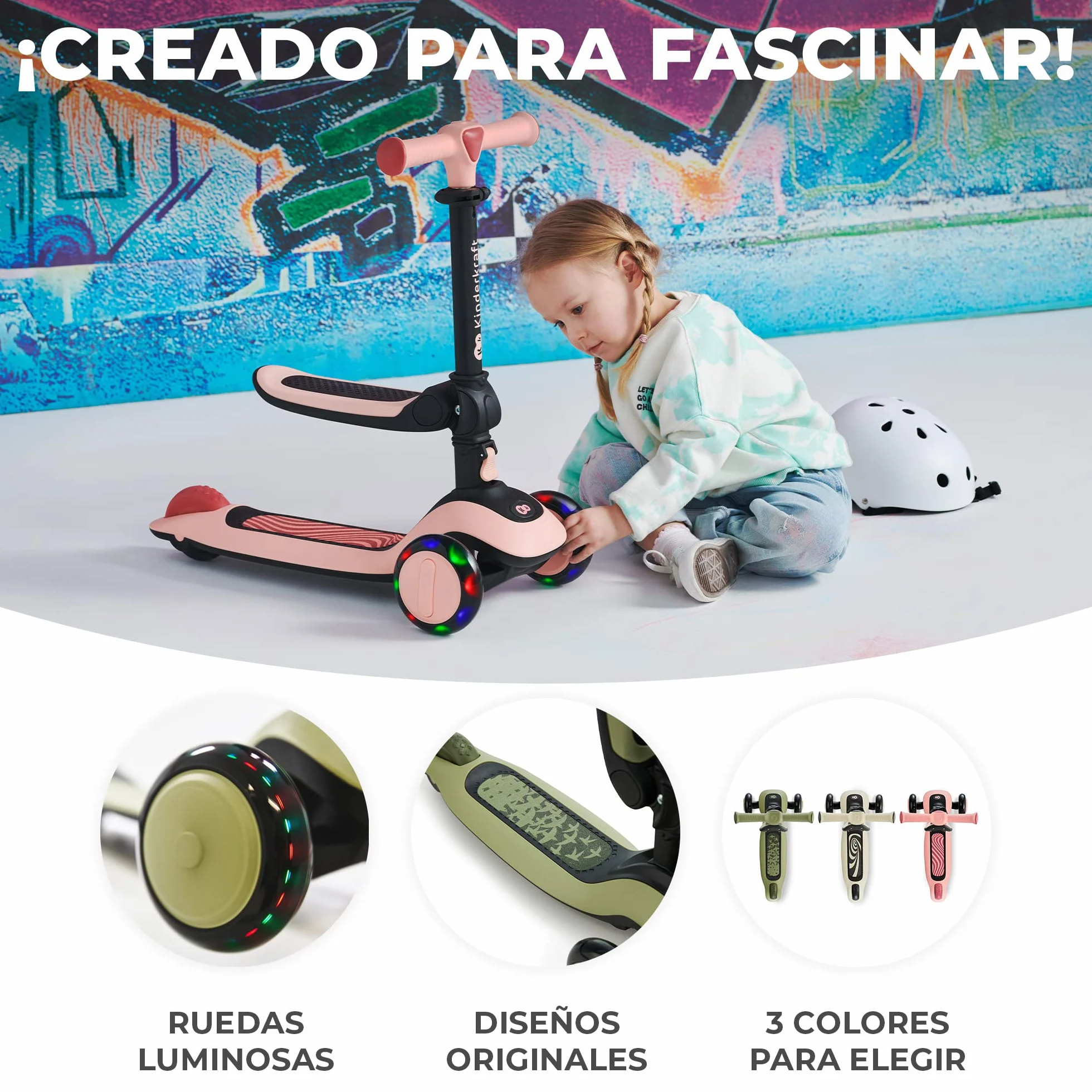 Kinderkraft Halley Patinete 2 en 1 Ajustable Triciclo 3 Ruedas LED Verde