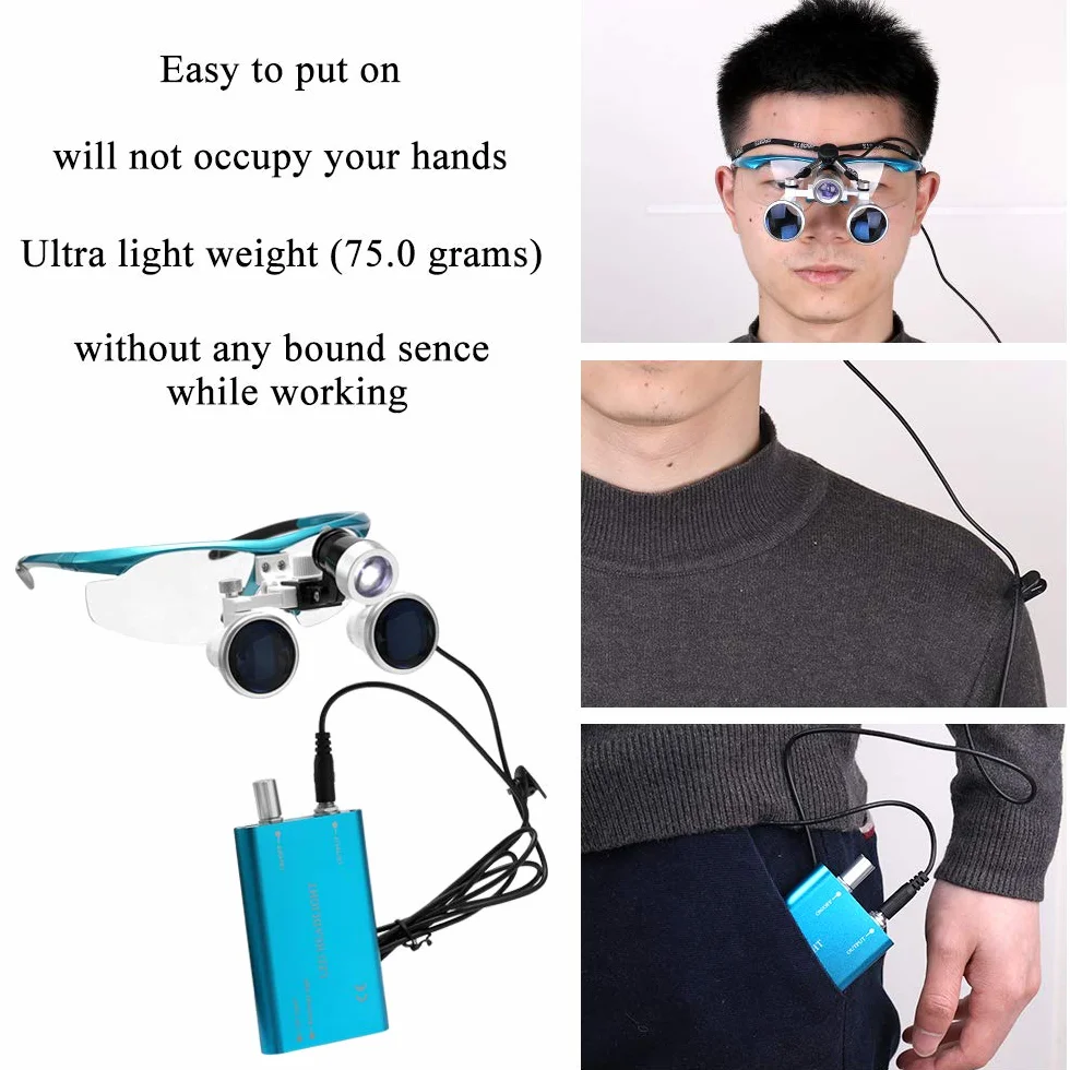 Lupa portátil 3.5X 420mm Quirúrgica Médica Lupas binoculares Auriculares de Vidrio óptico con LED 3W