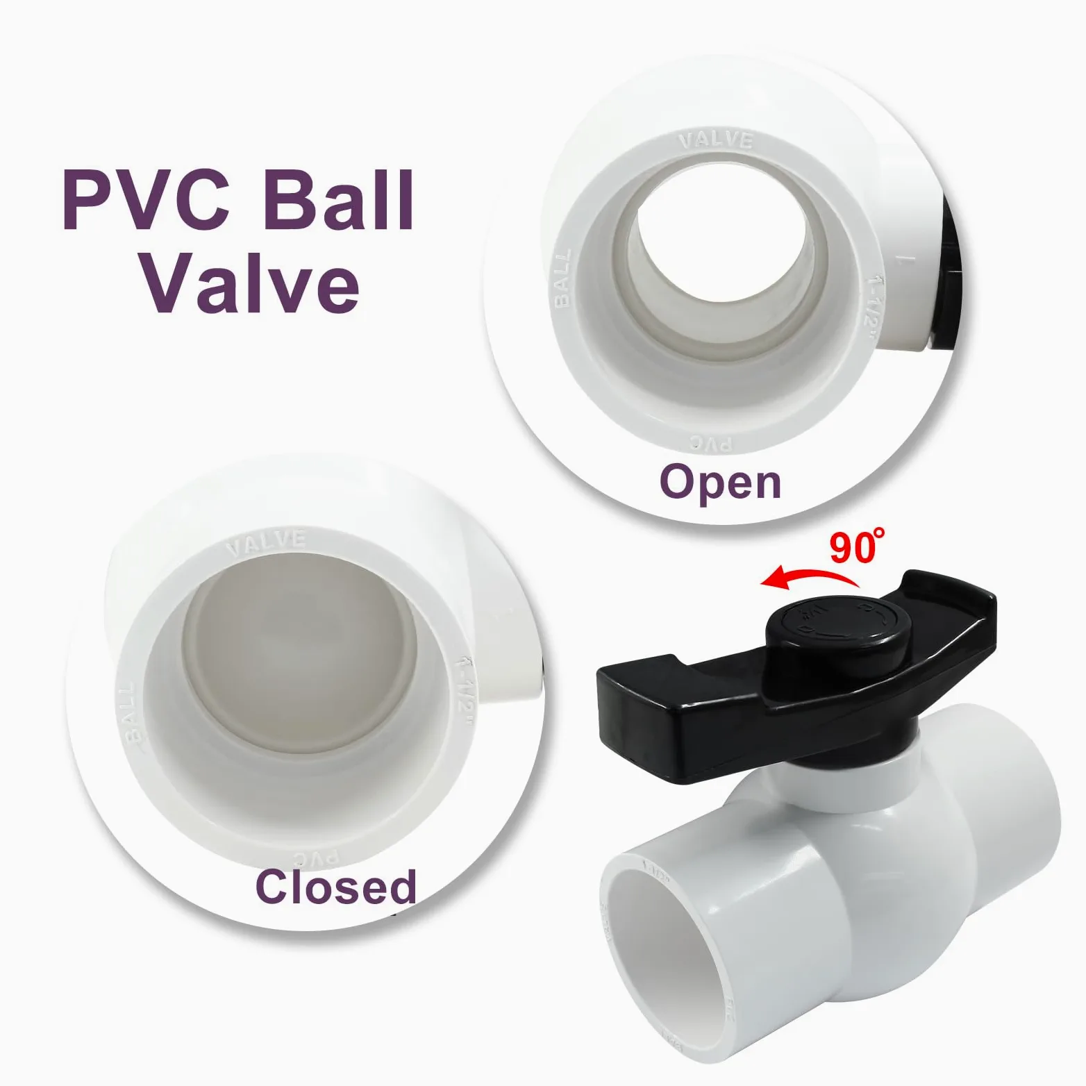 Válvula de bola de PVC de 2 pulgadas, 2 válvulas de cierre con deslizamiento fácil de girar, válvula de bola de PVC con mango ágil en "T", adecuada para uso comercial, piscina, sistema de