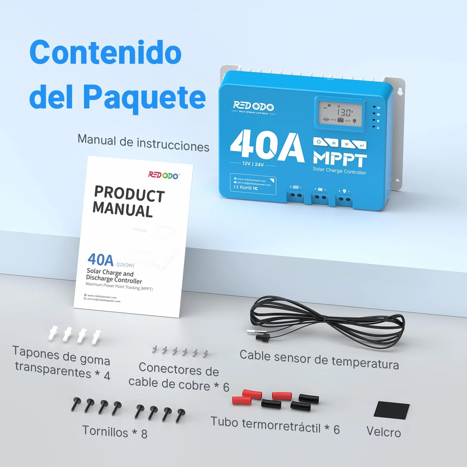 Redodo 40A MPPT 12V/24V Coche Entrada DC Controlador de carga solar con módulo Bluetooth incorporado, Parámetro ajustable Pantalla LCD Pantalla LED