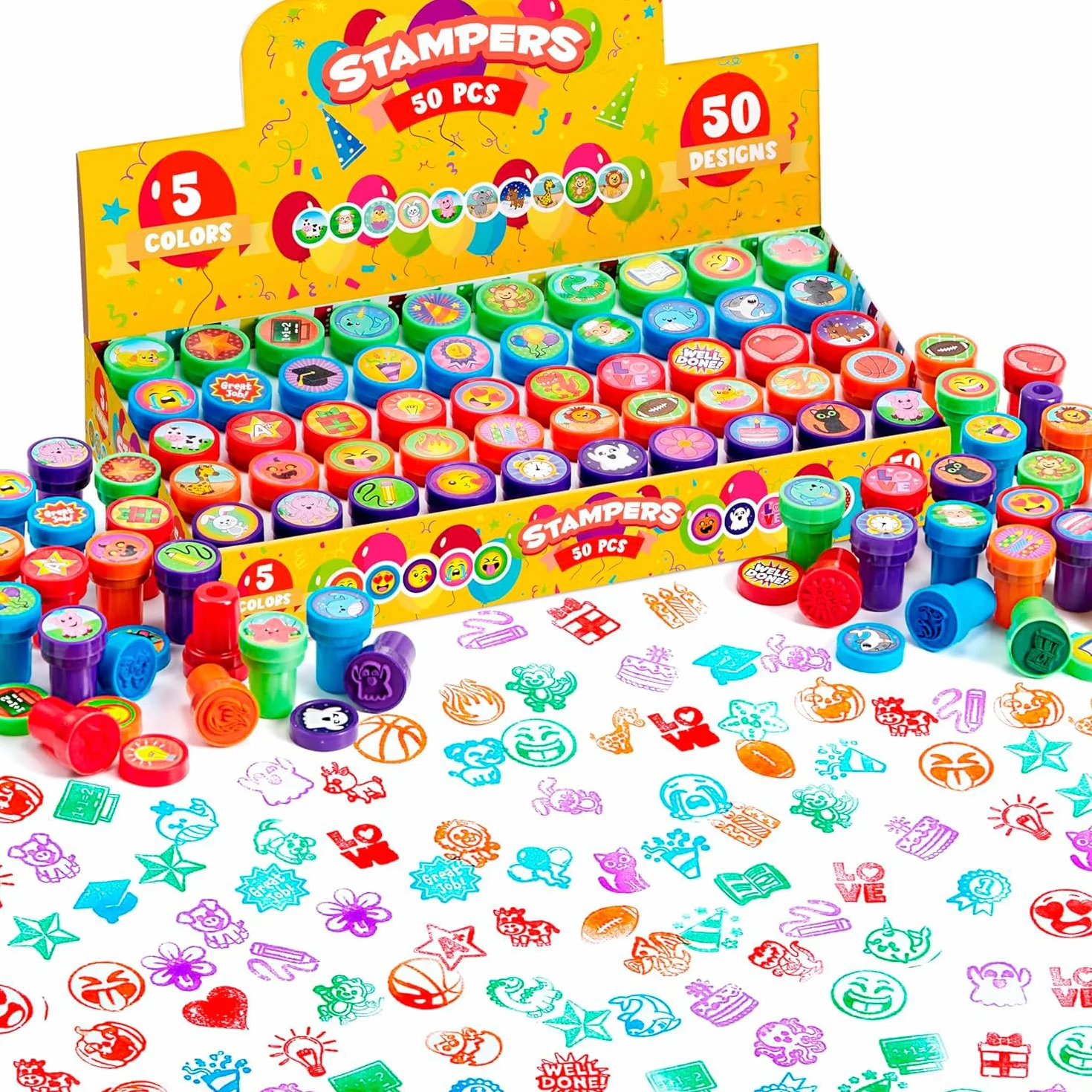 JOYIN 50 sellos autoentintados surtidos para niños con 50 diseños para fiesta de cumpleaños, premios, Halloween, Navidad