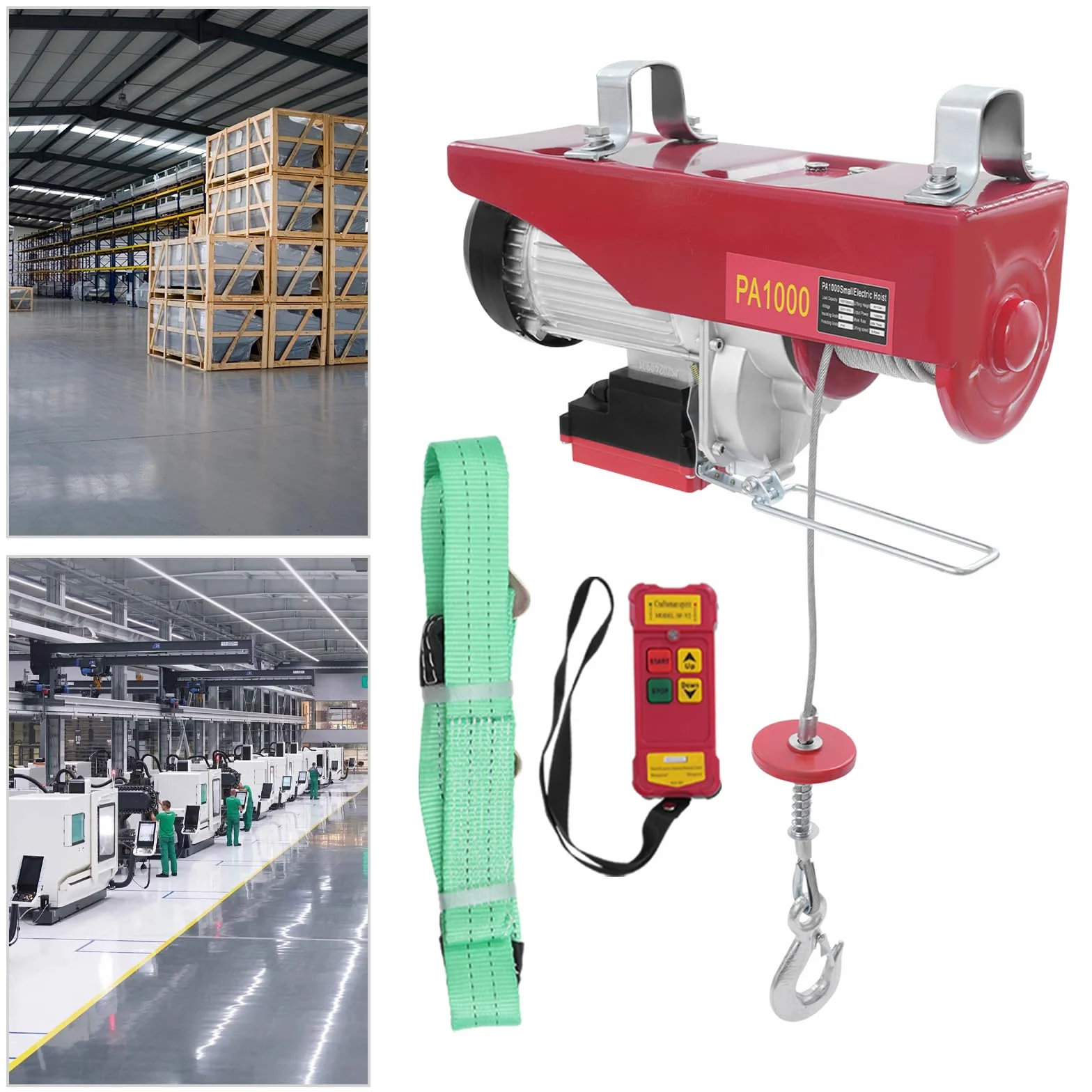Cabrestante eléctrico con mando a distancia 1800W polipasto de cable/cadena, 12m altura de elevación con una cuerda 500KG, 6m altura de elevación con dos cuerdas 1000KG
