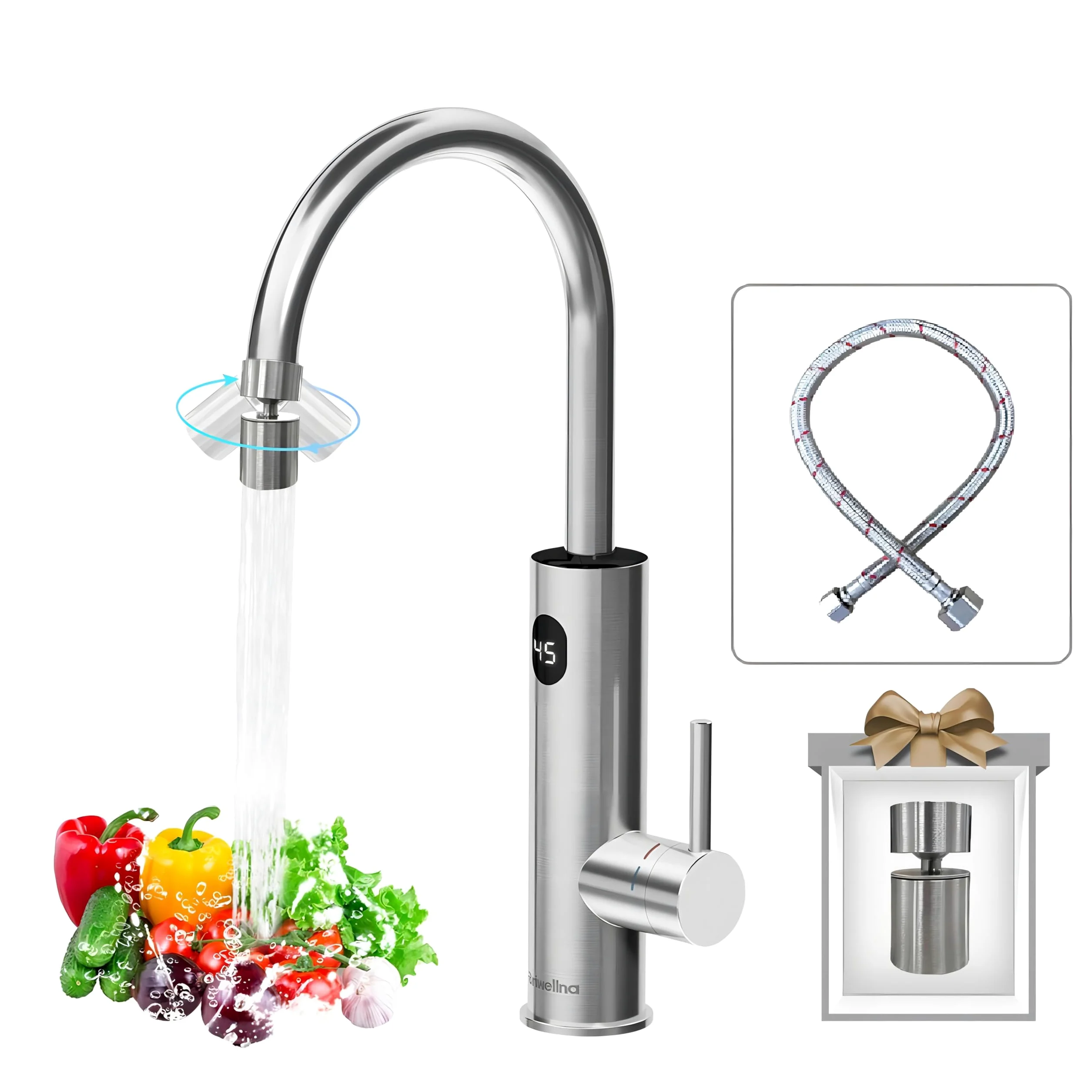 Grifo eléctrico con calentador de agua (220 V, rotación de 360° y pantalla digital, grifo de agua caliente con boquilla universal (plata)