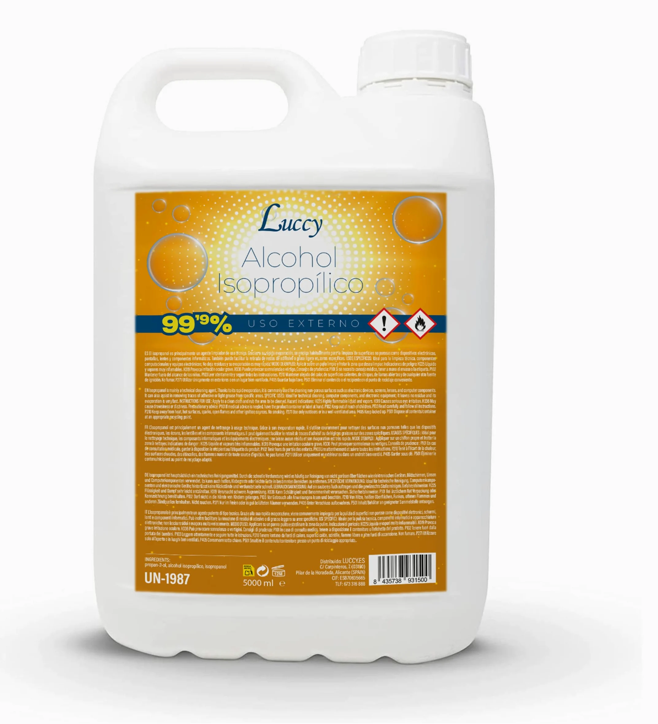 Alcohol Isopropílico 99,9% Puro 5 Litros | Isopropanol - Limpieza de Superficies y Componentes Electrónicos