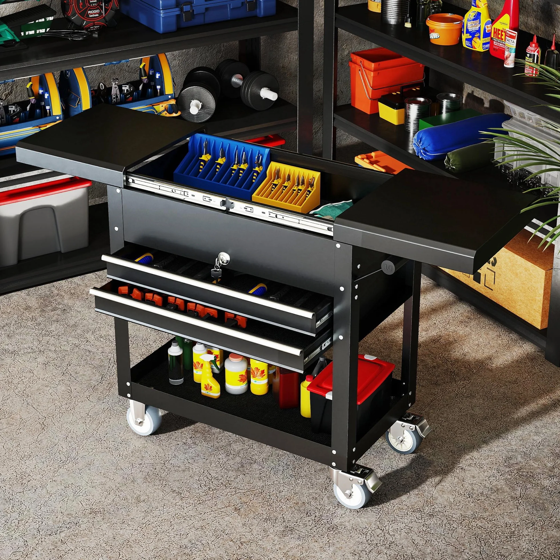 HOMCOM Carro de Herramientas con Ruedas, Carro de Taller Móvil con Tapa Deslizante, 2 Cajones con Cerradura, Bandeja, Caja de Herramientas de Acero, para Taller, Garaje, Negro