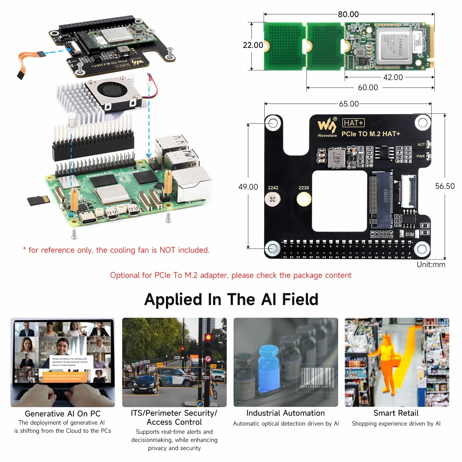 Waveshare Hailo-8 M.2 AI Accelerator Module for Raspberry Pi 5, Based On The 26TOPS Hailo-8 AI Processor, Compatible with Linux/Windows Systems